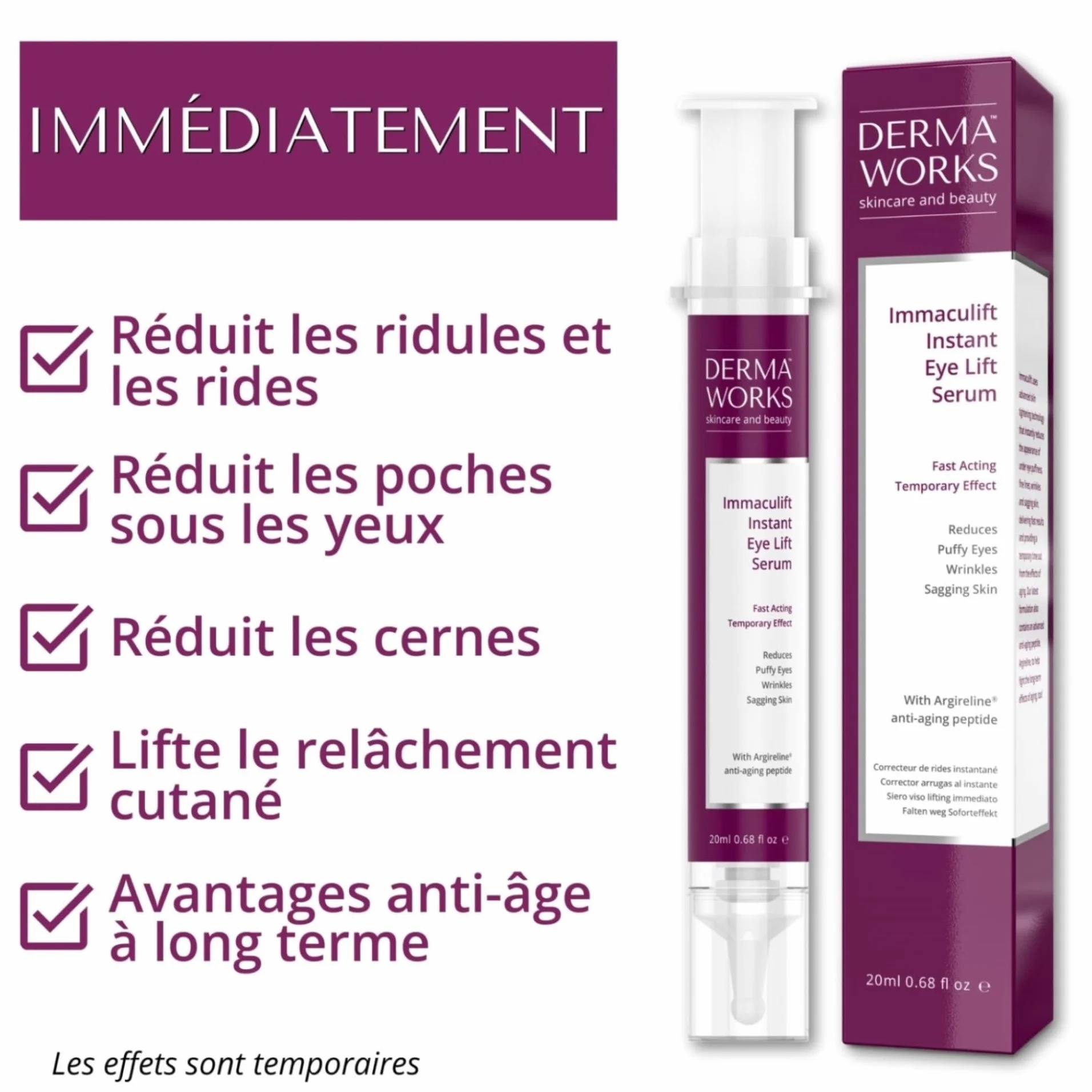 DERMAWORKS Immaculift Sérum Liftant Instantané Anti-Rides Puissant Effet Tenseur Immédiat Lifting Visage Contour Redéfini