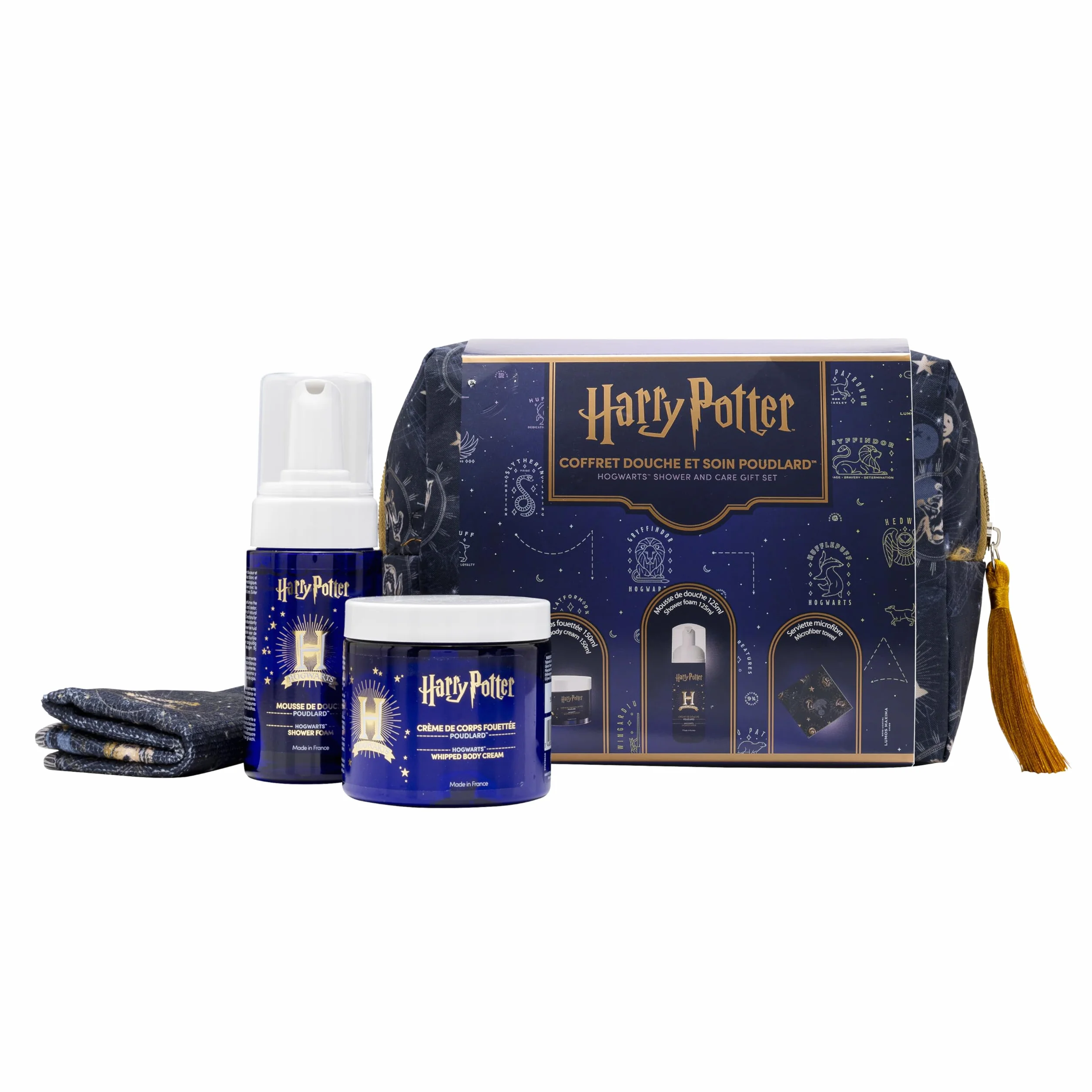 Coffret Harry Potter Poudlard - Mousse Douche 125ml & Mousse Corps 150ml - Inclut Serviette Microfibre et Trousse Beauté - 93-95% Ingrédients Naturels - Pour Enfants