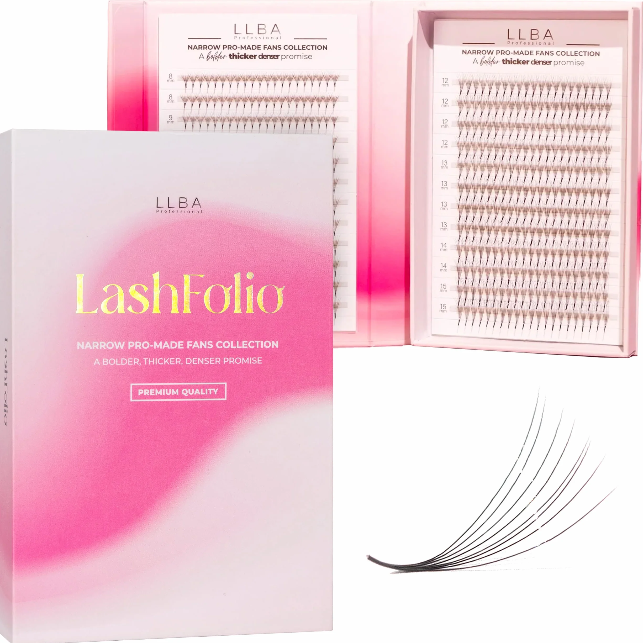 LLBA LashFolio Bouquets Pré faits Promade Étroits, Cils volume Faits à la Main, Choix 5D~10D, Courbes C CC D, Épaisseurs 0.03~0.07mm, Longueur 8-15mm, Longue Durée & Application Facile