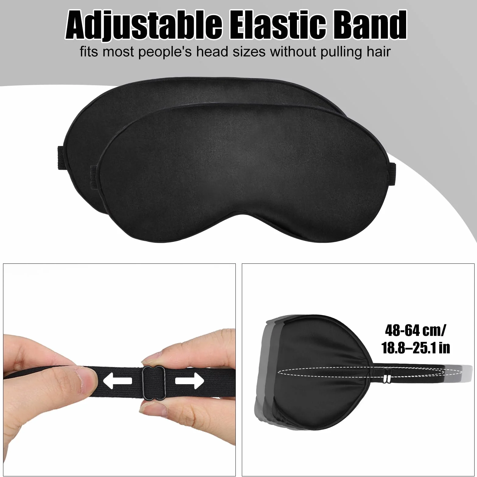 Lot de 2 Masque de Nuit en Soie Ultra-Douce Cache Yeux pour Dormir Anti-lumière avec Sangle Élastique Réglable Noir