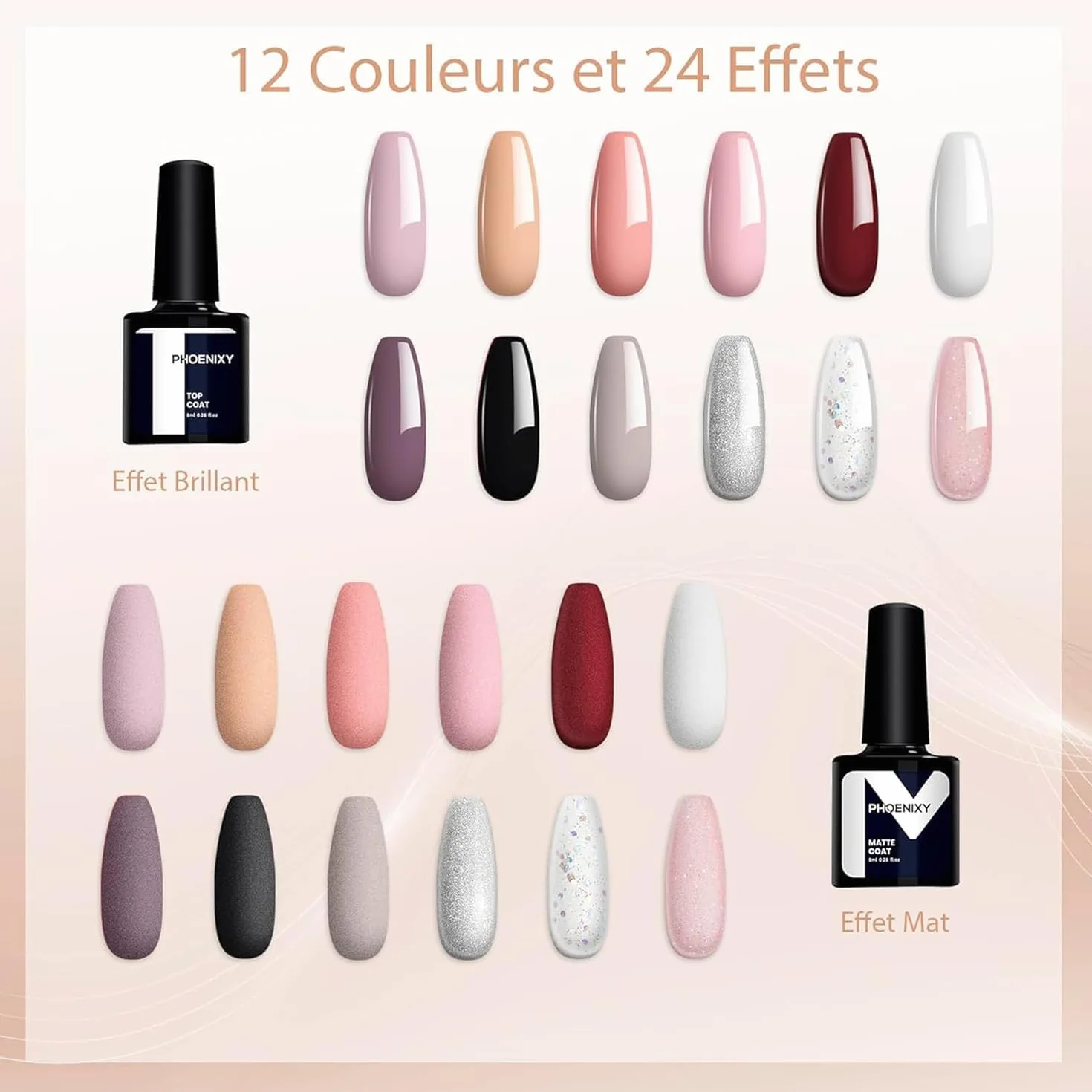 Kit Vernis Semi Permanent Phoenixy 12 Couleurs 8 ml avec Lampe UV 36W Base et Top Coat Complet