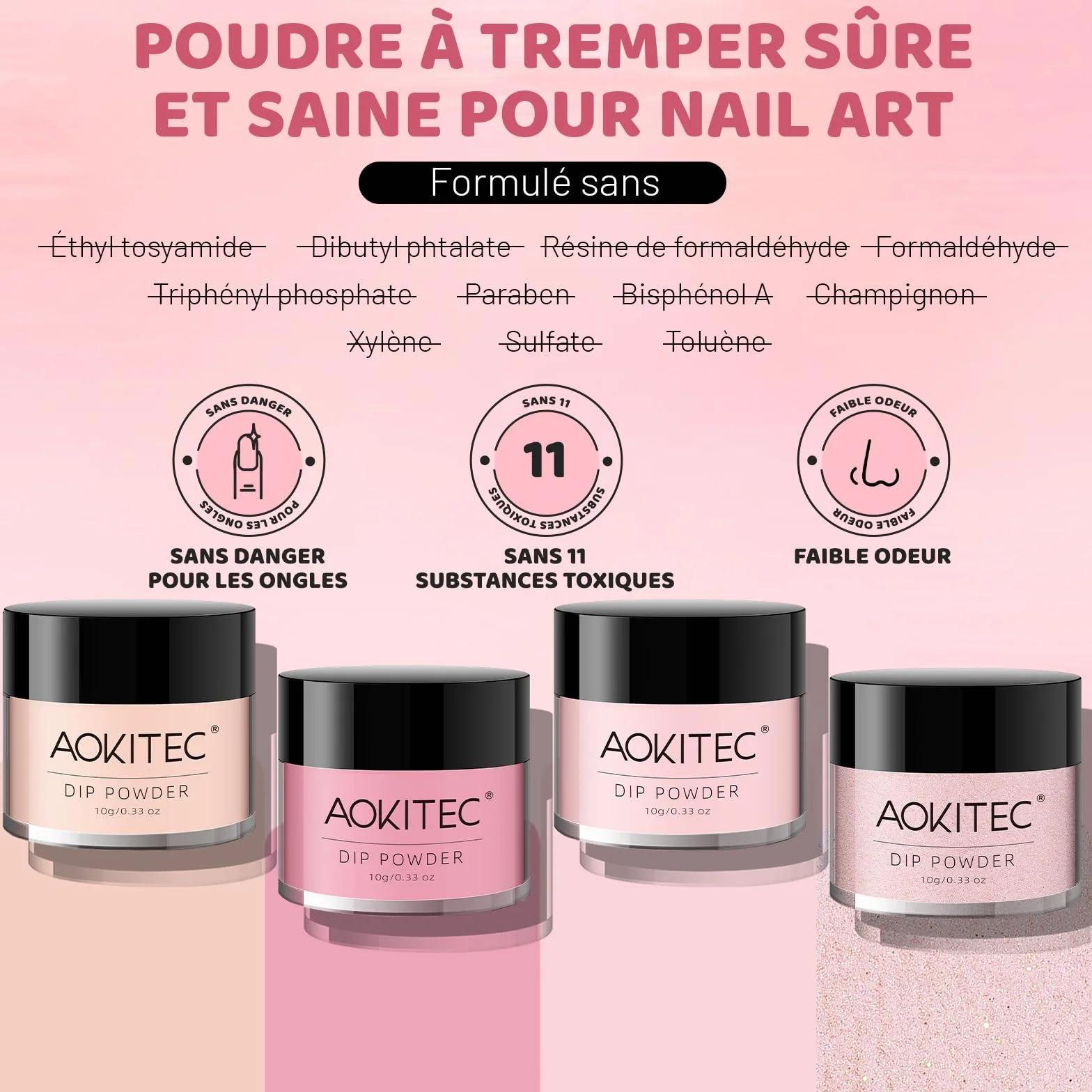 Aokitec Pink Series Lot de 4 poudres de trempage sans lampe longue durée sans odeur