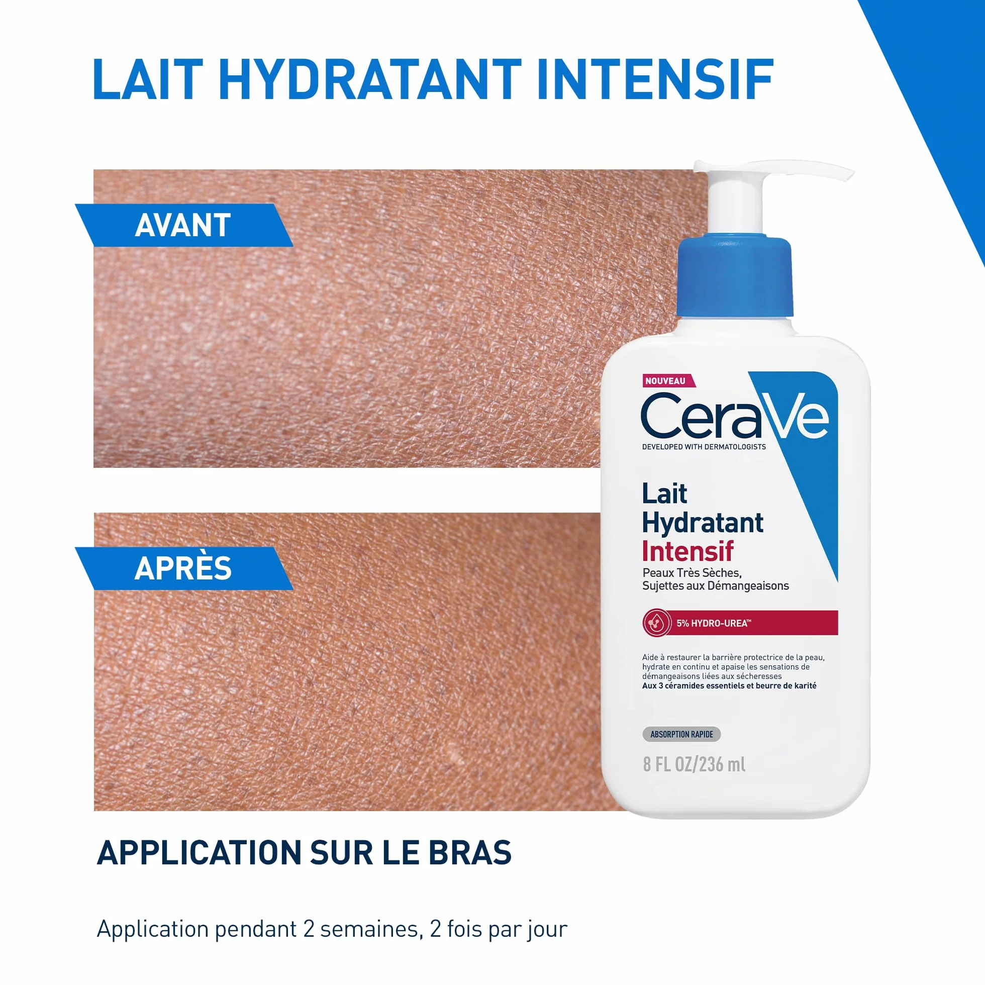 CeraVe Lait Hydratant Intensif Corps et Visage Peaux Très Sèches 72H Hydratation Beurre de Karité 3 Céramides Hydro-Urea Boost Sans Parfum Non Comédogène 236ml