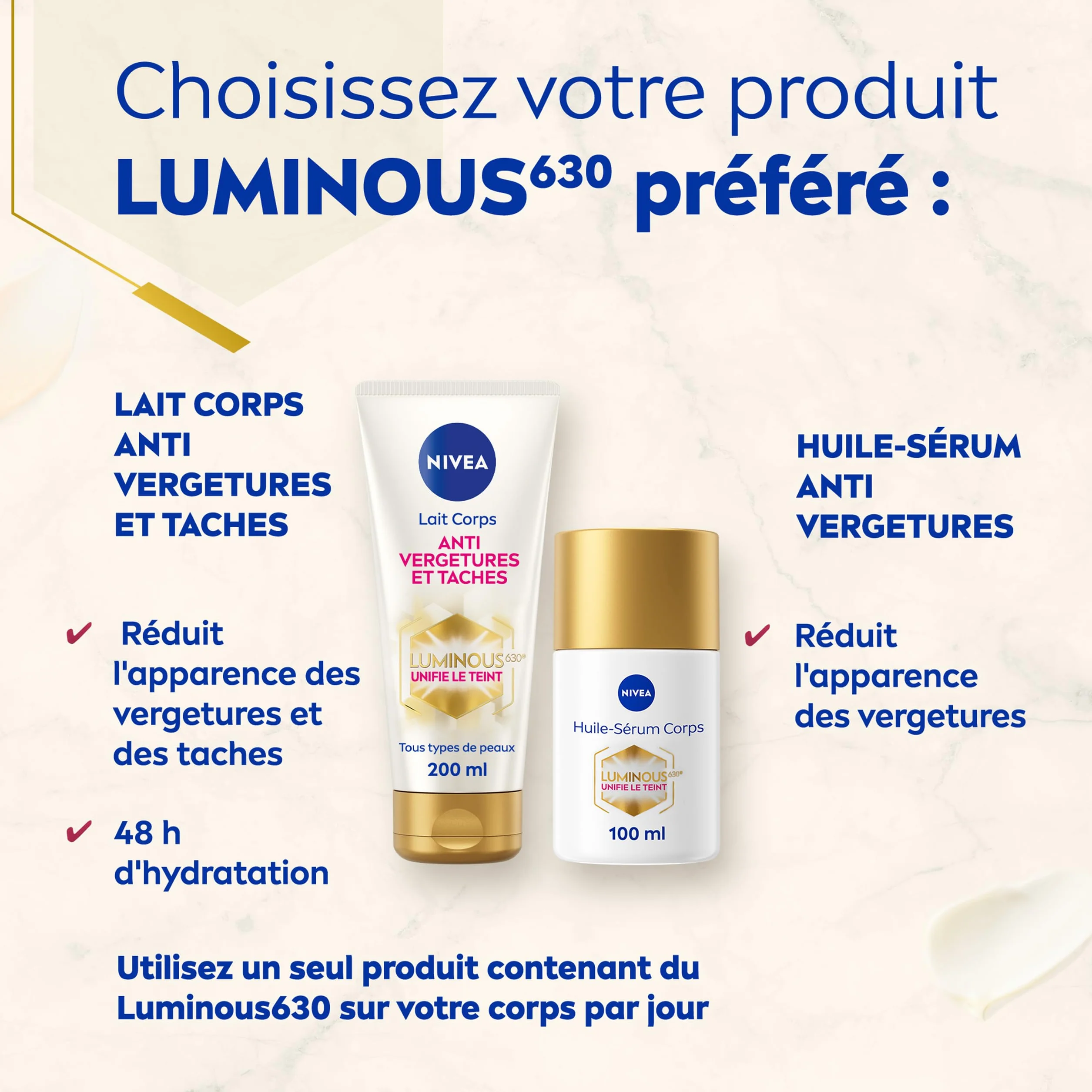 NIVEA Luminous630® Huile-Sérum Corps Anti Vergetures 100 ml soin anti tache hydratation 48h