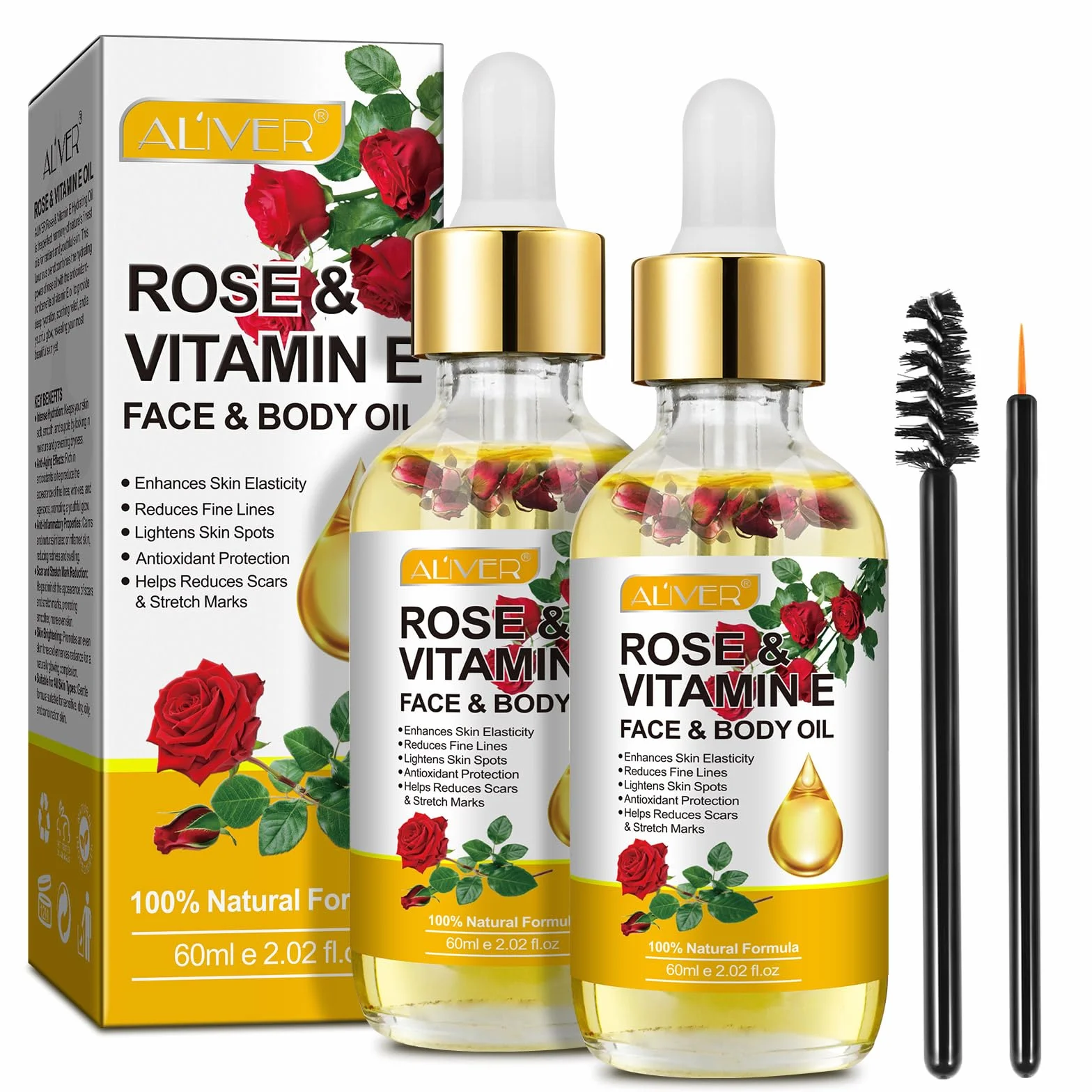 Huile de vitamine E 60ml, huile de rose naturelle pour peau, visage, cheveux et cuticules (2 bouteilles)