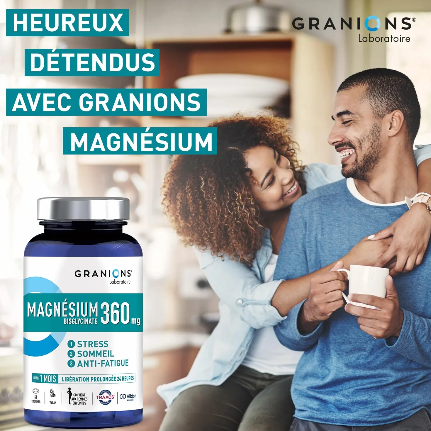 MAGNESIUM BISGLYCINATE 360 MG GRANIONS Magnesium Fort Dosage Vitamine B6 Anti Stress Adulte 60 Comprimés