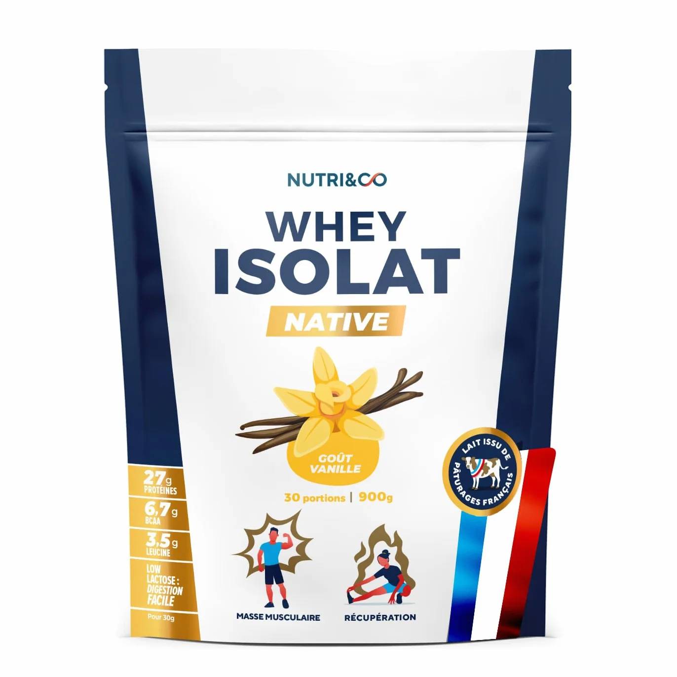 NUTRI & CO Whey Isolate Native 94% Protéines Pur Lait Français Low Lactose BCAA 900g Vanille
