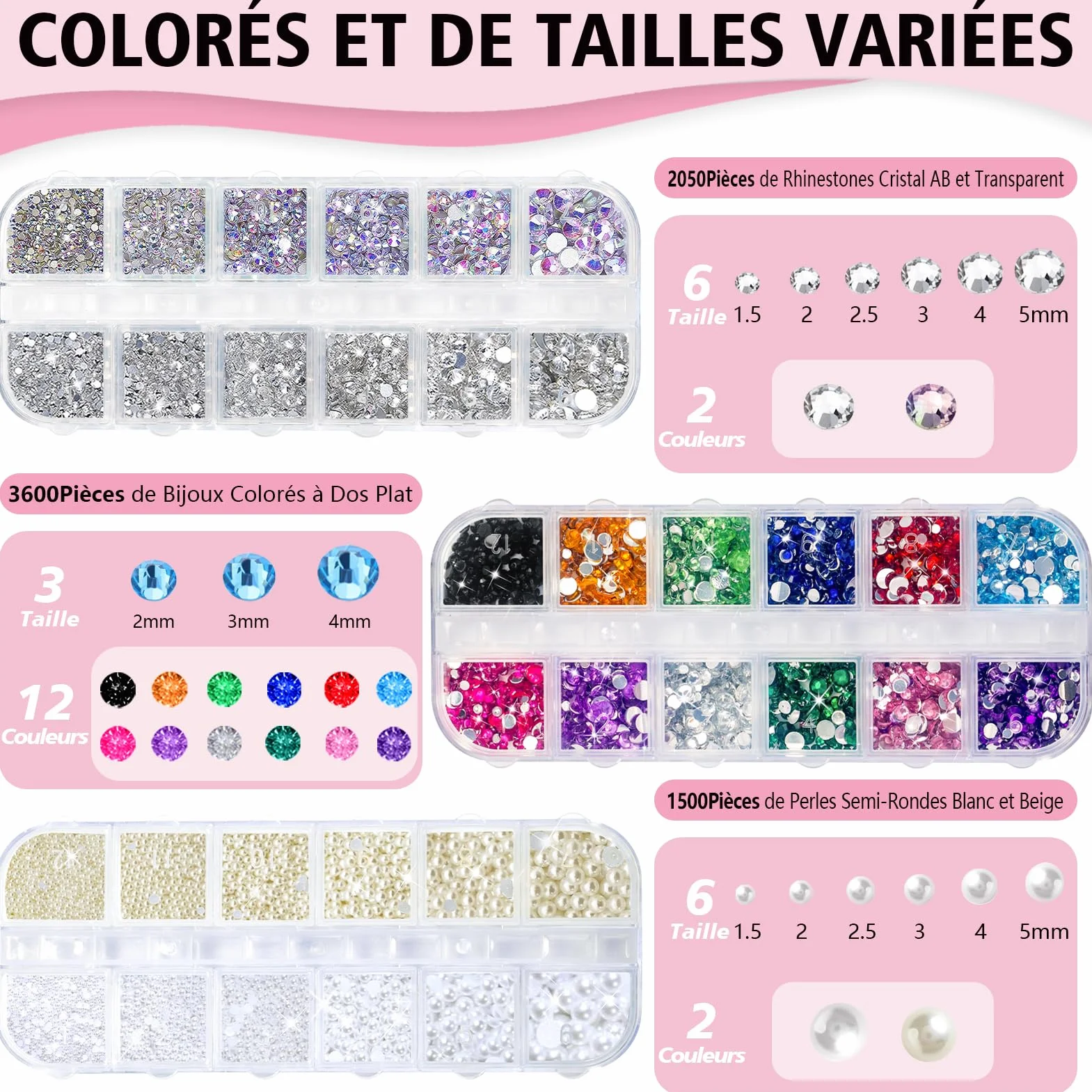7159pcs visage gemme yeux bijoux strass couleur dos plat perles blanches beiges avec pinces maquillage manucure