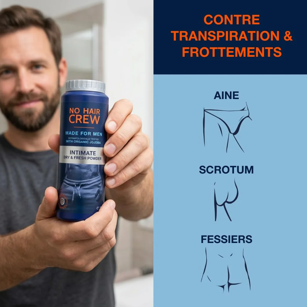 NO HAIR CREW Dry & Fresh Poudre Intime pour Hommes 100 g – Poudre Corporelle Sans Talc contre la Transpiration et les Odeurs
