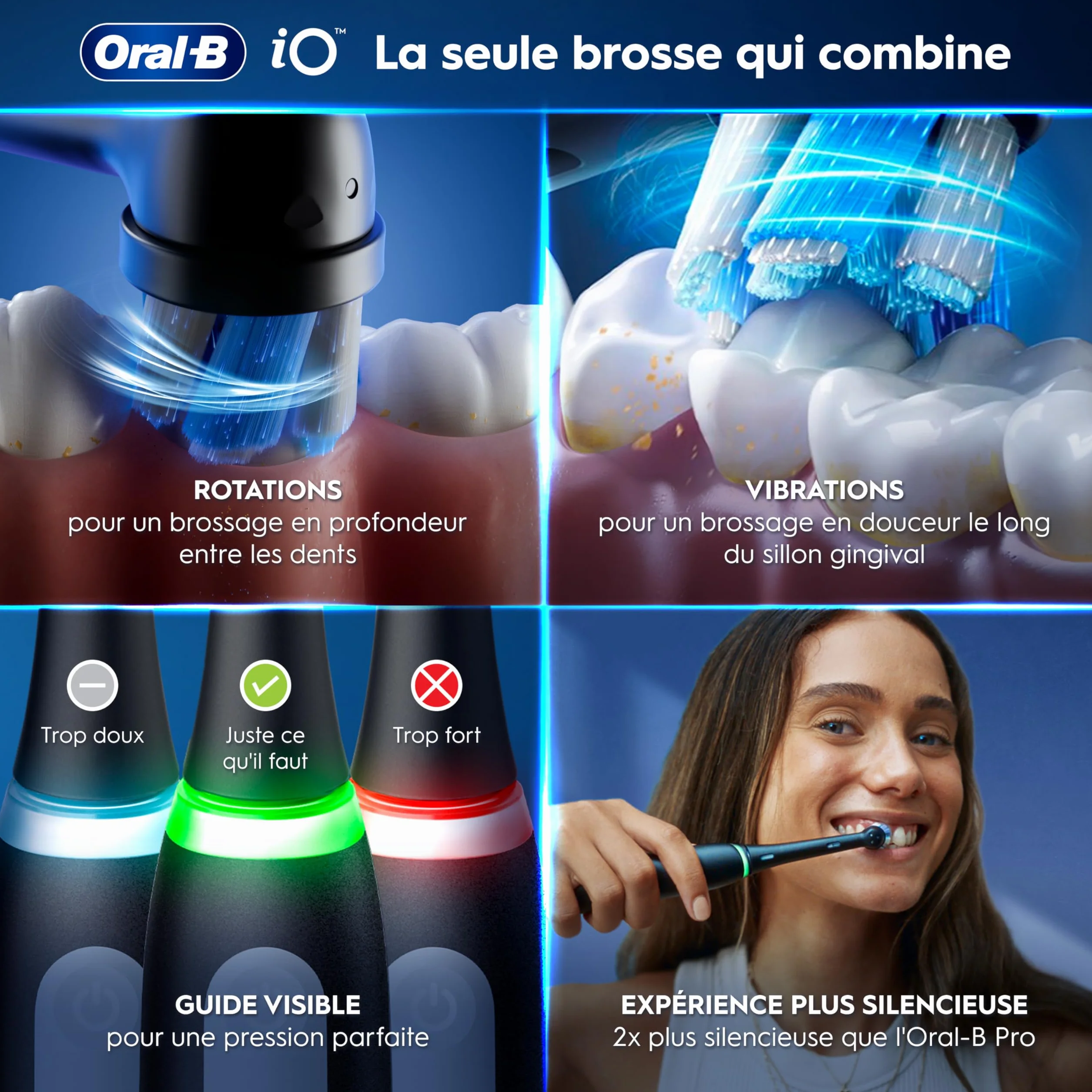 Oral-B Brosse à Dents Électrique iO 3 Noire, 3 Modes Silencieux, Capteur de Pression, Batterie Rechargeable