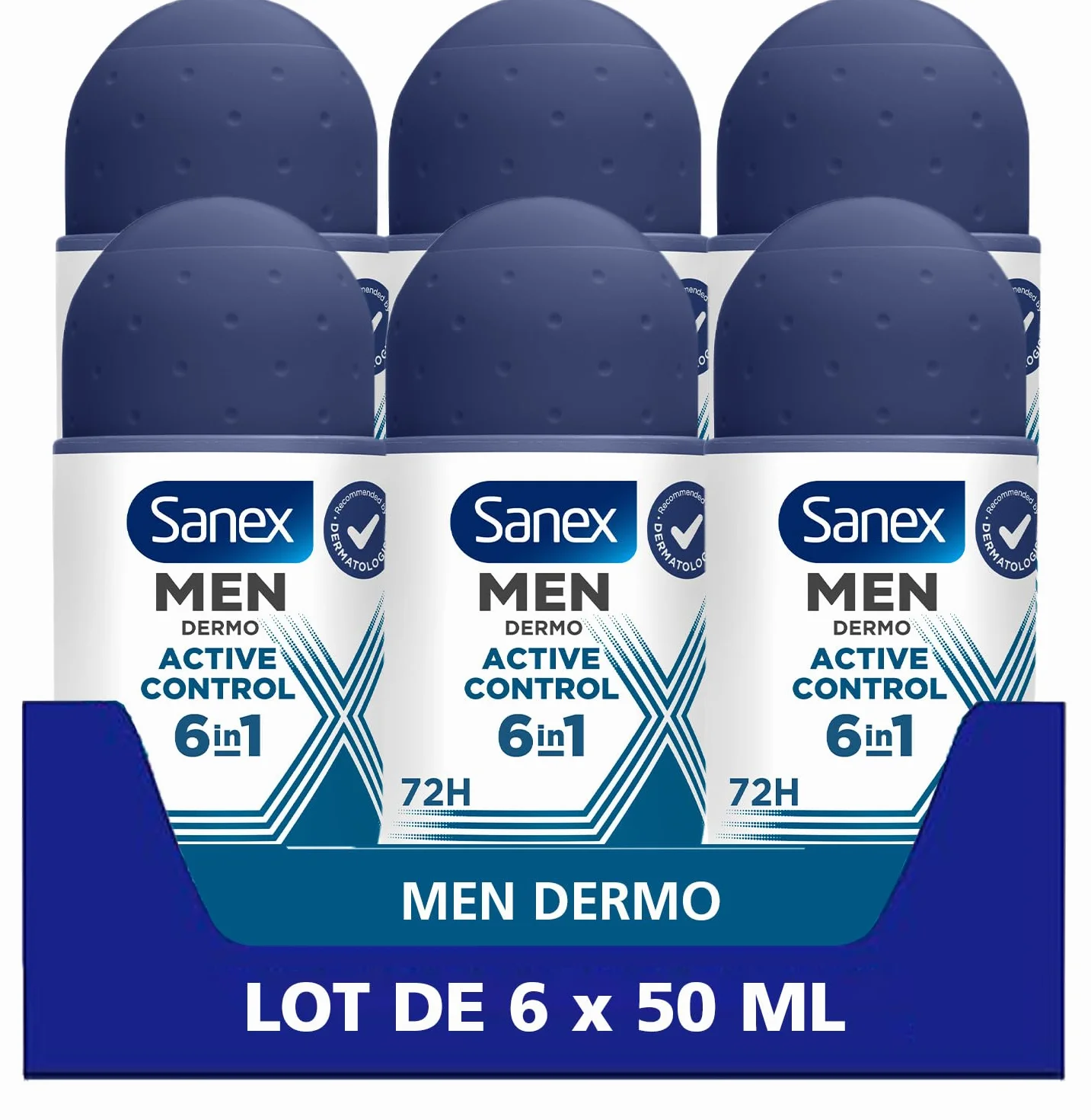 SANEX - Dermo Men Active Control 72 h Anti-transpirant homme – protection puissante contre la transpiration et les odeurs – sensation immédiate de peau nourrie – ne contient pas d’alcool - lot 6x50 ml