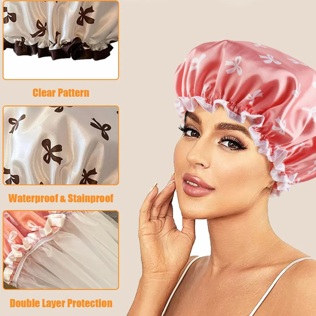Bonnet de douche étanche en satin élastique réutilisable à double couche pour dormir (Rosa, Blanc, Or)