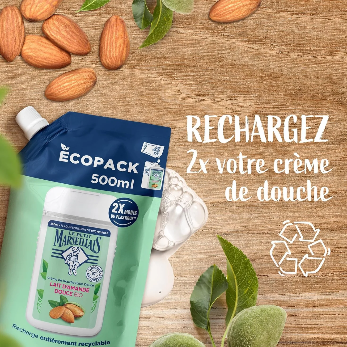 Le Petit Marseillais Recharge Extra Douce Crème de Douche Lait d'Amande Douce Bio Écopack 500ml