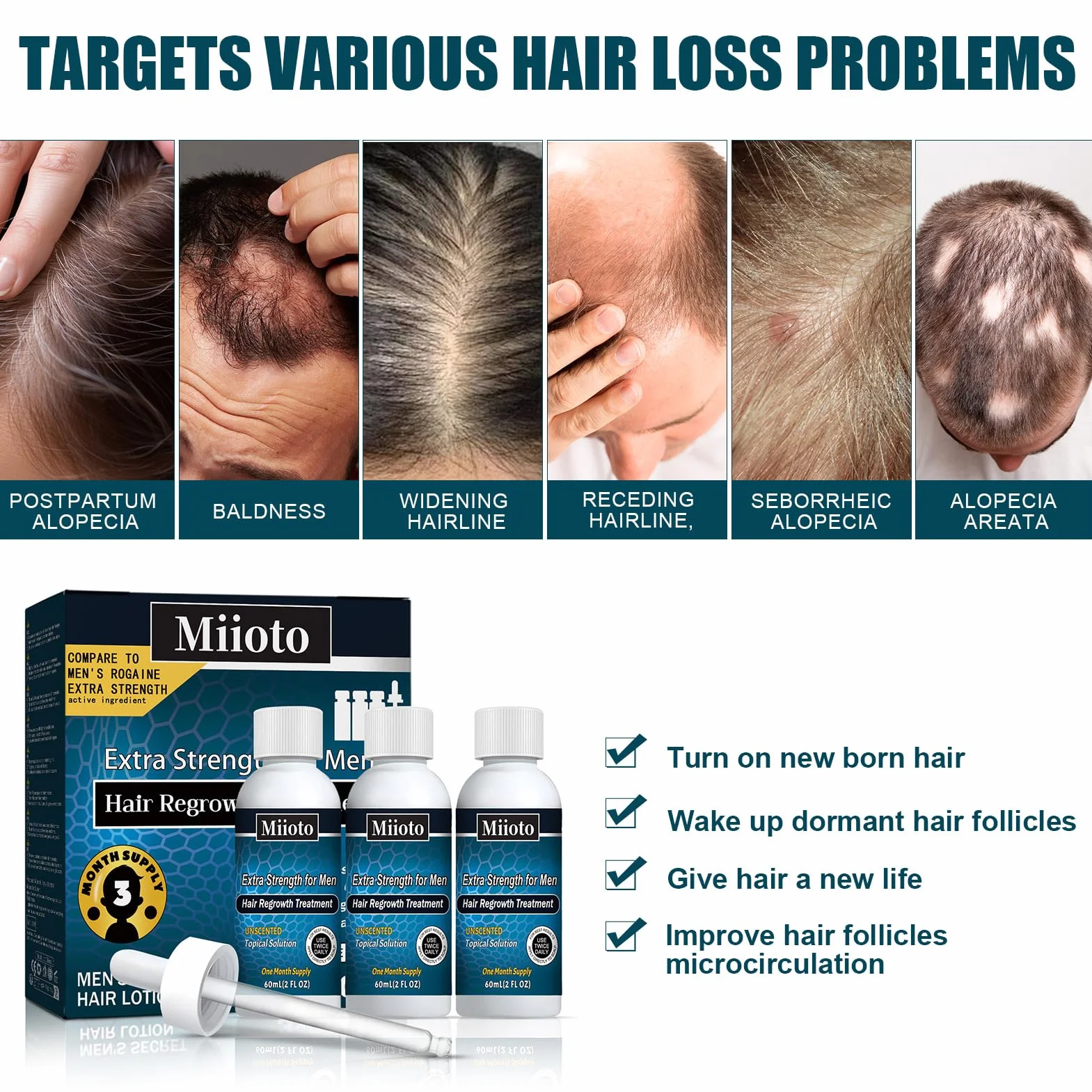 Serum Anti-chute Cheveux Hommes Pousse Cheveux Rapide 3 x 60 ml Croissance Plus Epaisse