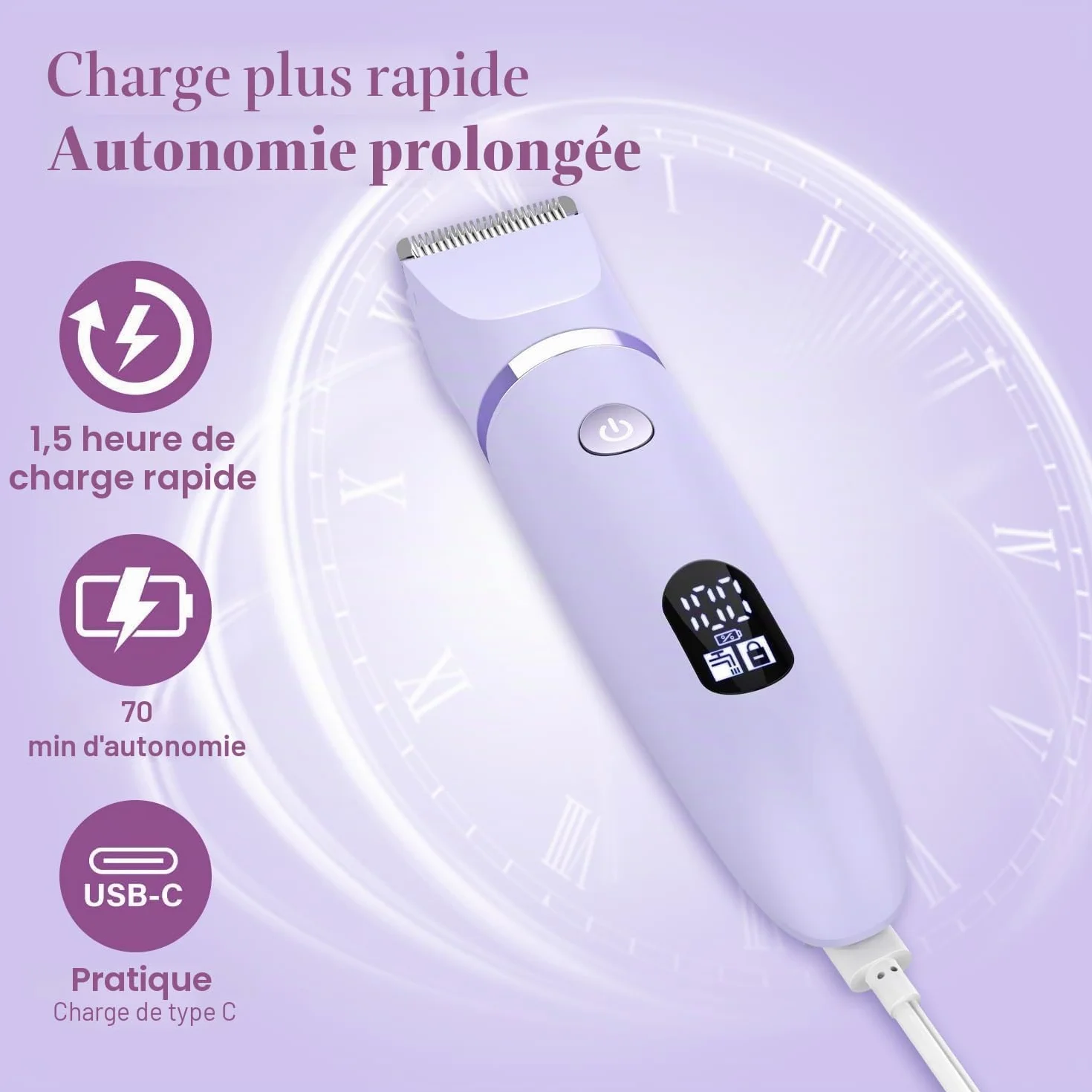 Rasoir Electrique Feminin Tondeuse précise visage zones sensibles, Sans fil, Étanche, Écran LCD, Violet, 3 en 1