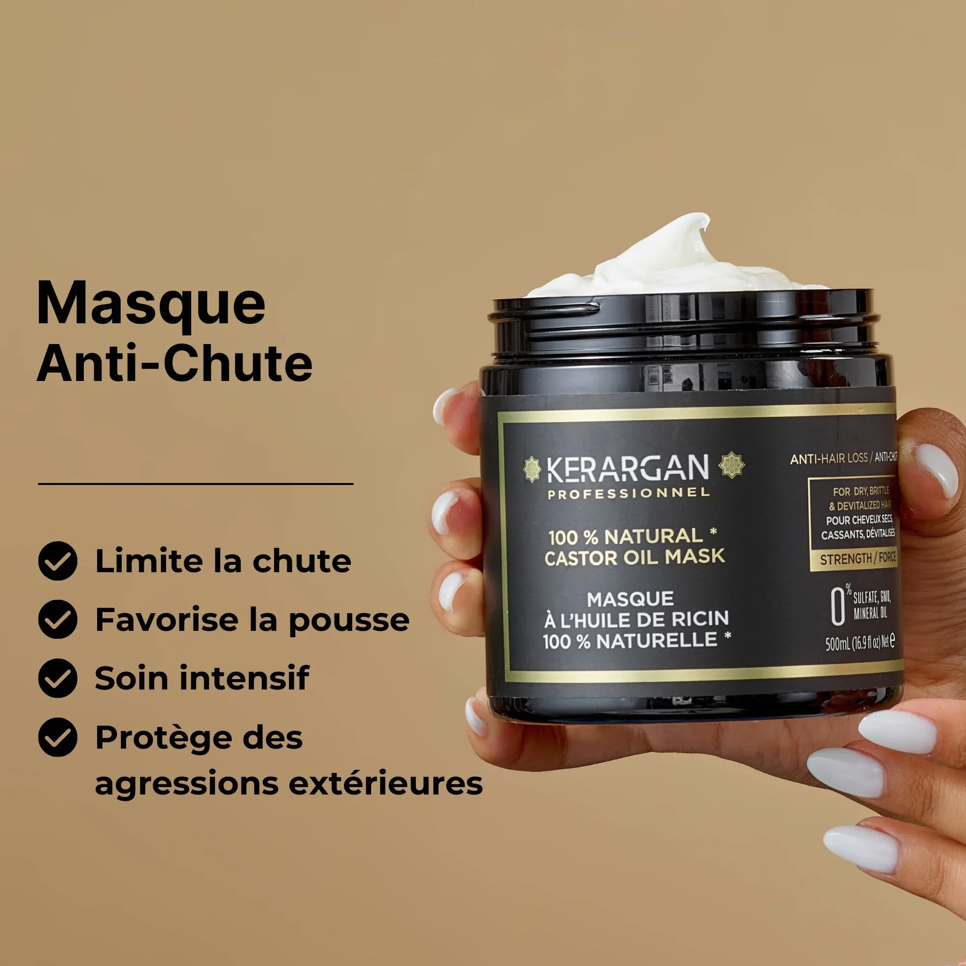 Kerargan Masque Capillaire Anti-Chute à l'Huile de Ricin Soin Intensif Cheveux Secs Cassants 500ml