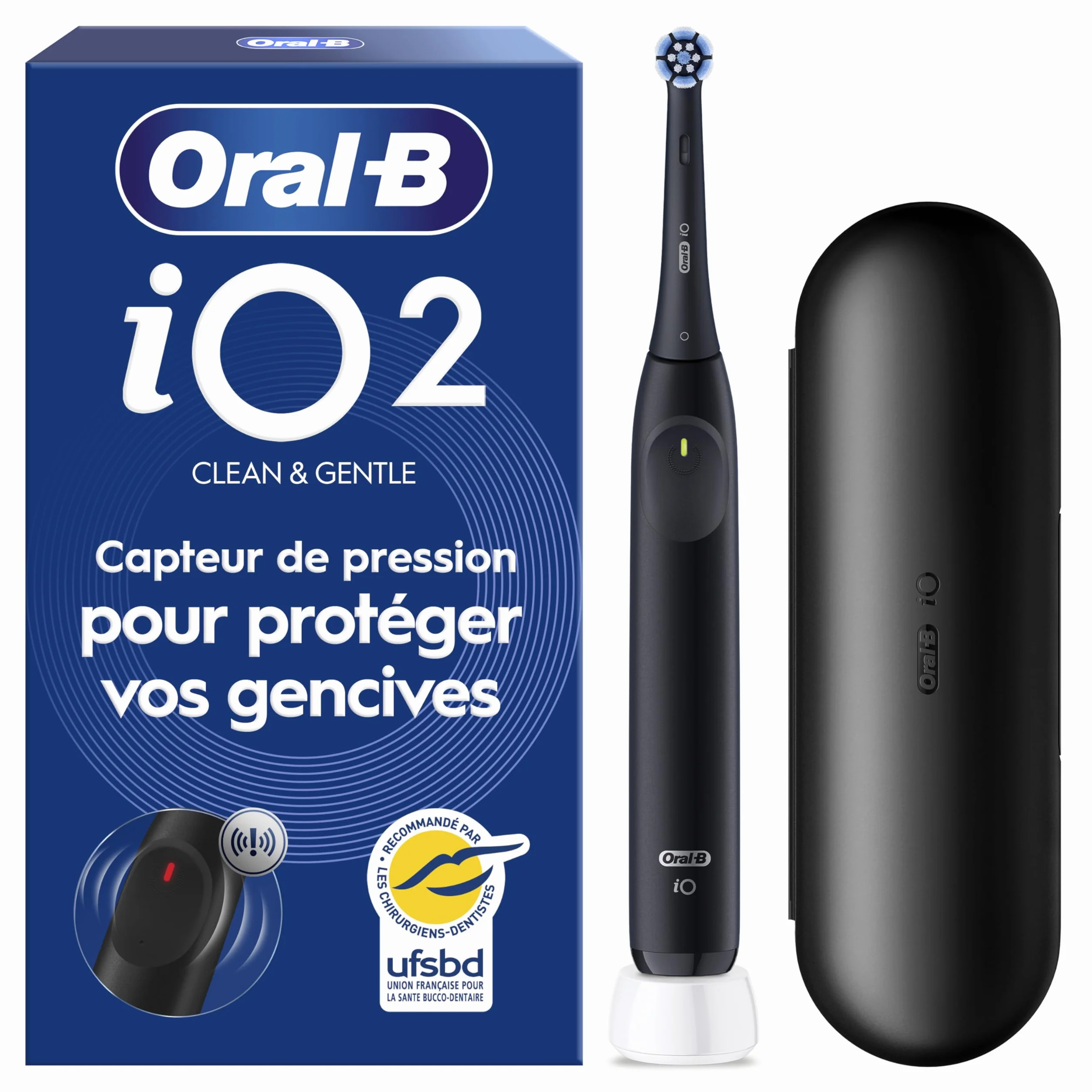 Oral-B Brosse à Dents Electrique iO 2 Noire – 3 Modes de Brossage, Capteur de Pression, Batterie Rechargeable