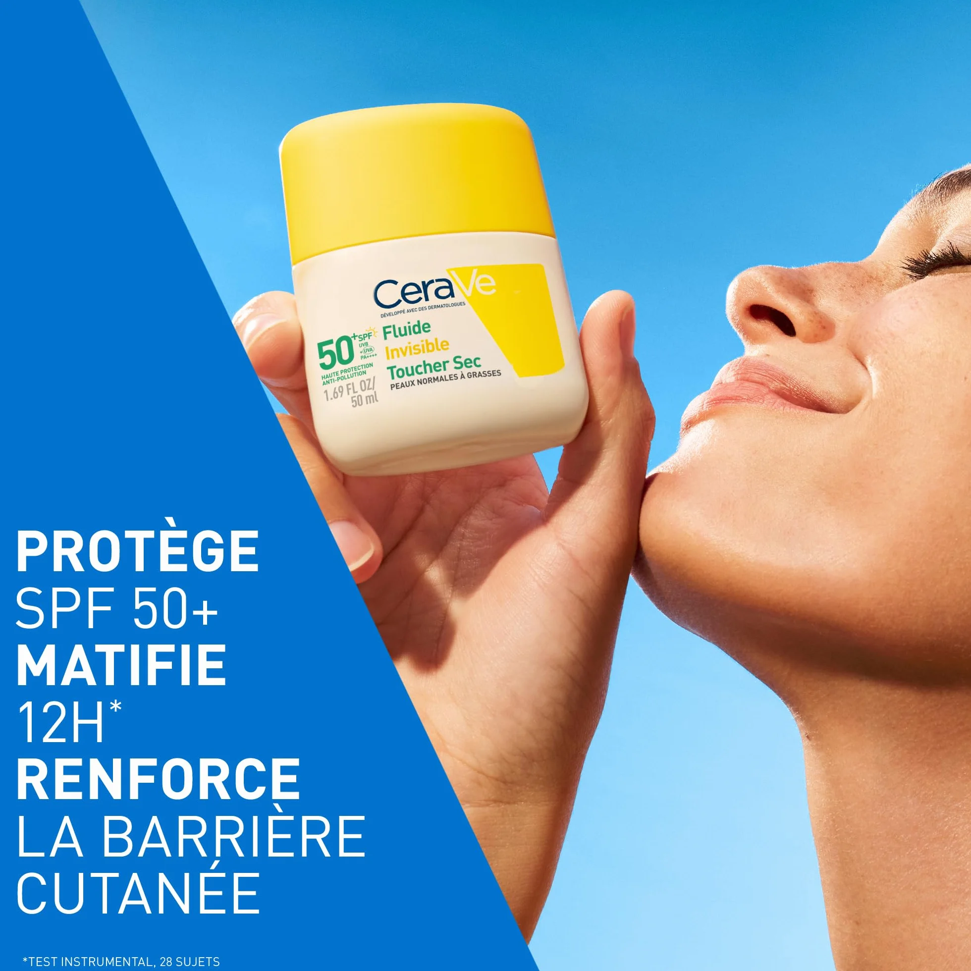CeraVe Fluide Invisible SPF 50+ Très Haute Protection Solaire Visage Peaux Normales à Grasses Matifiant 12H Base Maquillage Niacinamide Vitamine E