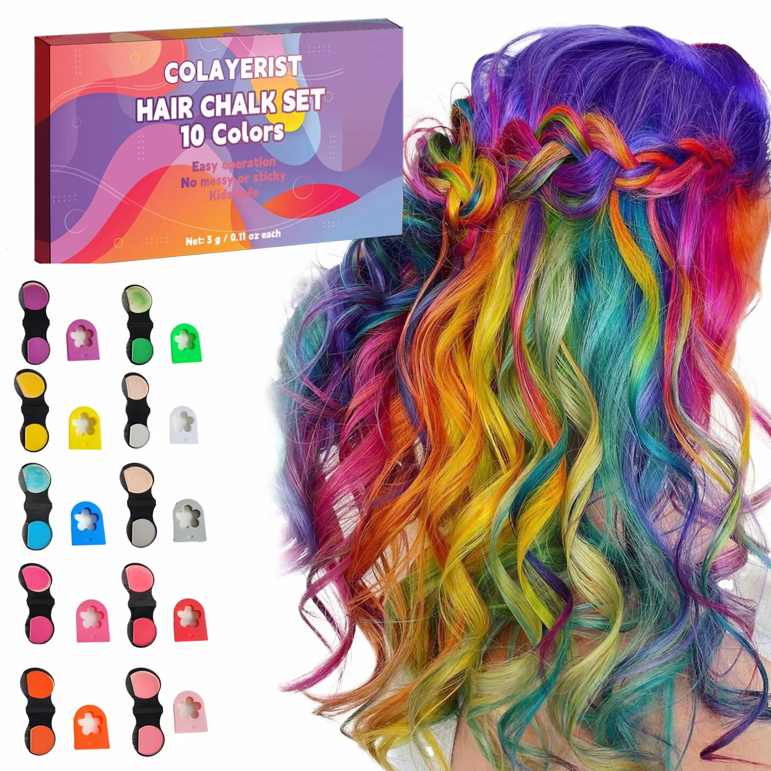Craie Cheveux Colorées Lot de 10 pour Filles, Teinture Temporaire Cheveux, Cadeaux Enfants