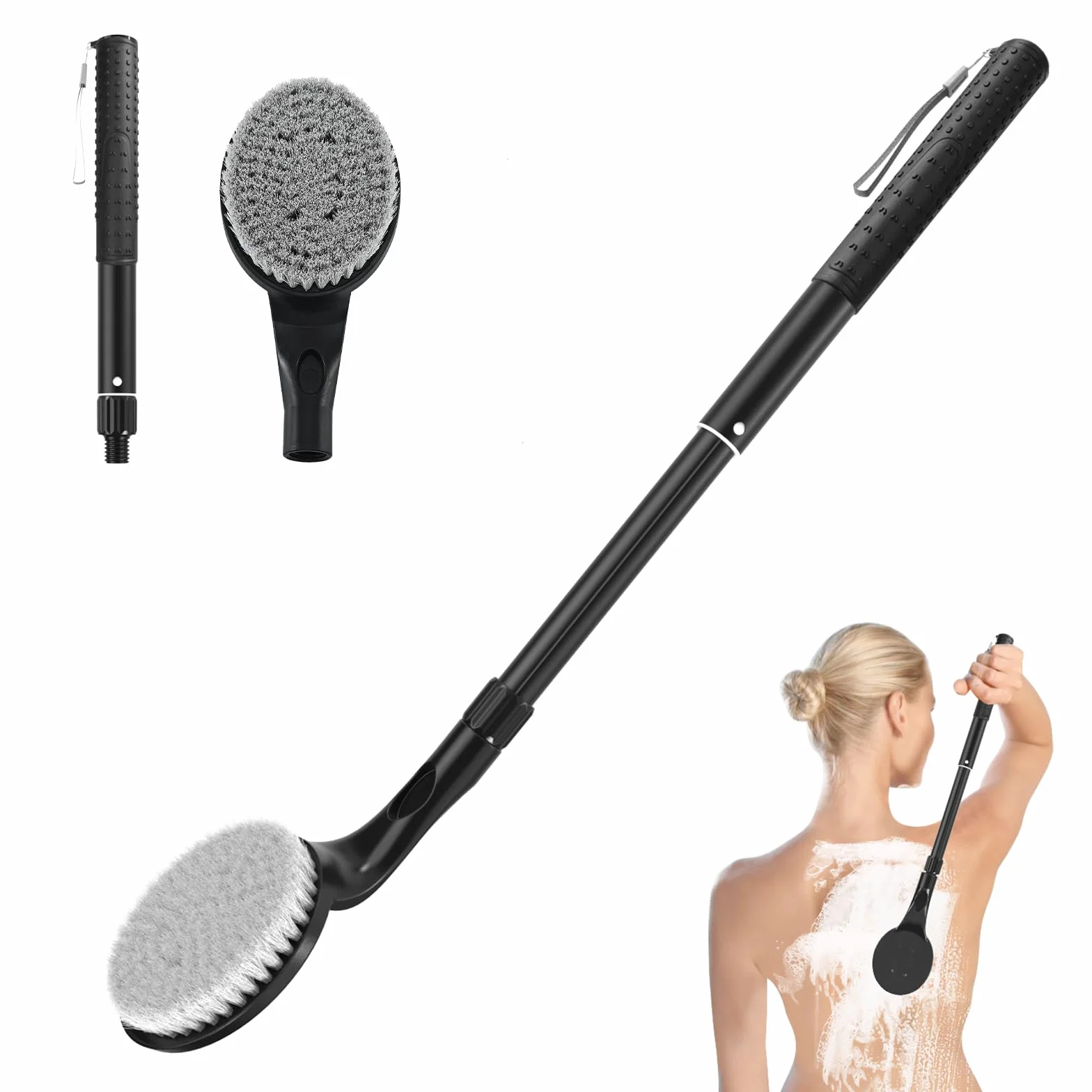 Gobiteli Brosse de douche pour le dos pour douche, 63,5 cm de long manche pour exfoliant le corps et nettoyage en profondeur, brosse à dos pour homme, femme et personnes âgées
