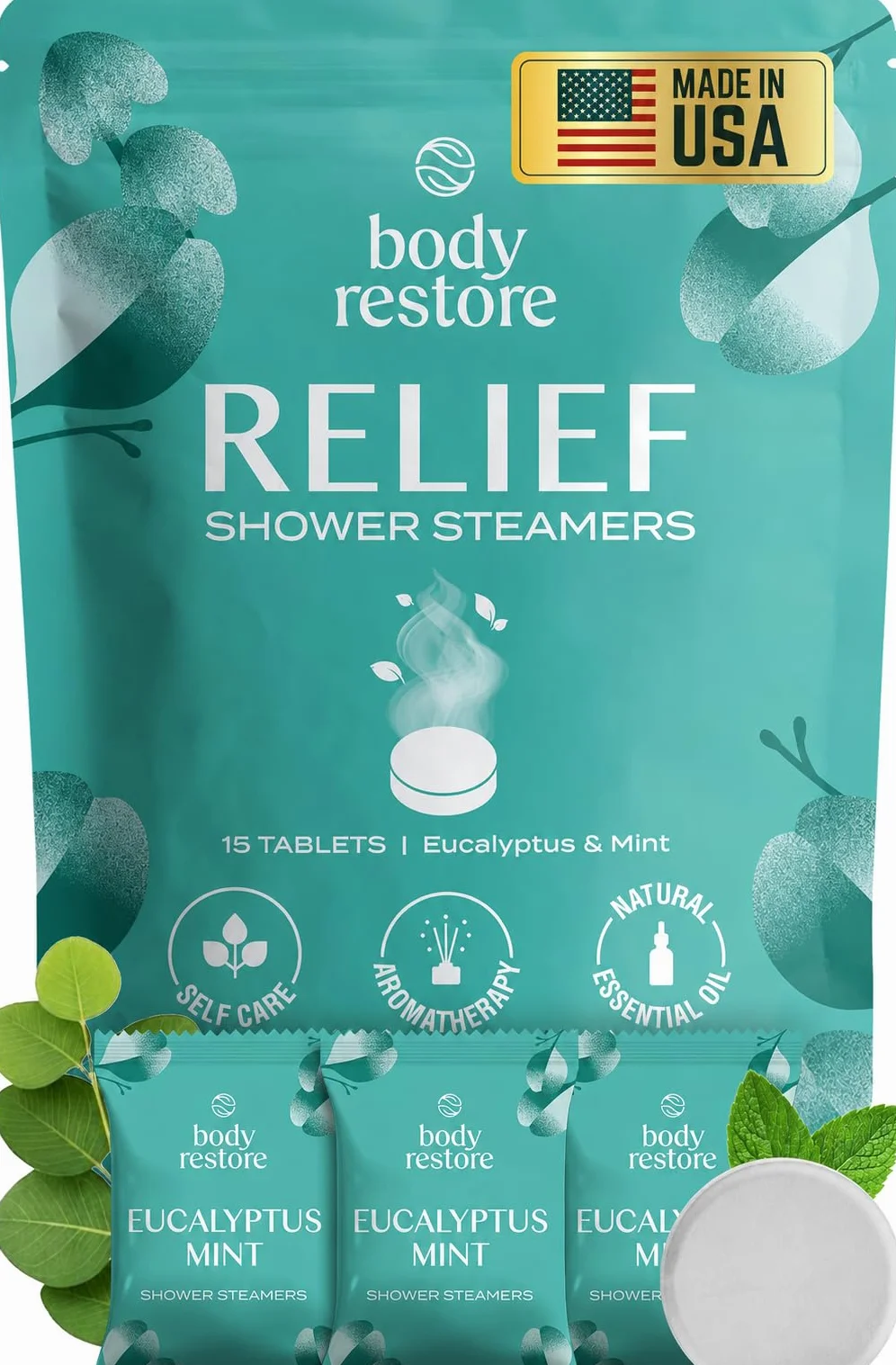 Body Restore Shower Steamers Aromatherapy 15 Pack - Relaxation Birthday Gifts for Women and Men, Travel Essentials, Stress Relief and Self Care - Eucalyptus
