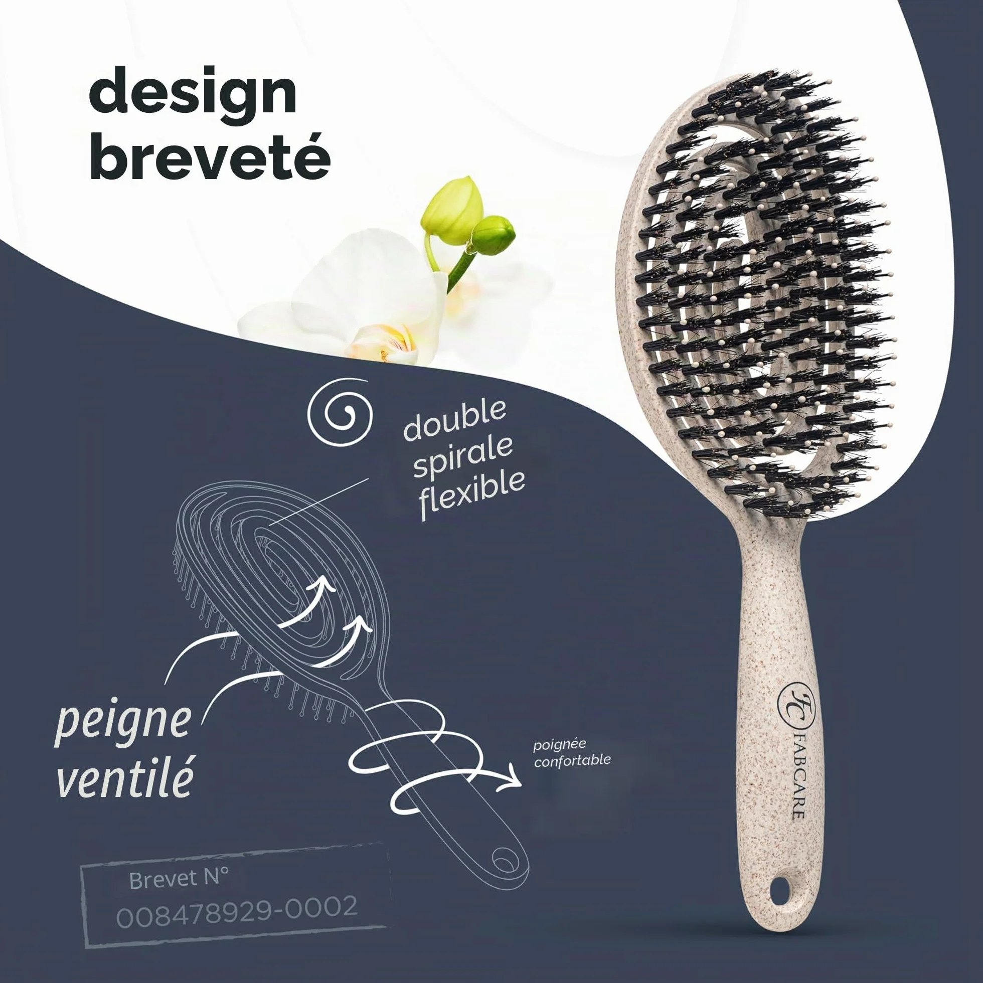 FABCARE Brosse Cheveux Poil Sanglier Démêlante Double Ressort Spirale Magique Sans Tirer Professionnelle Beige