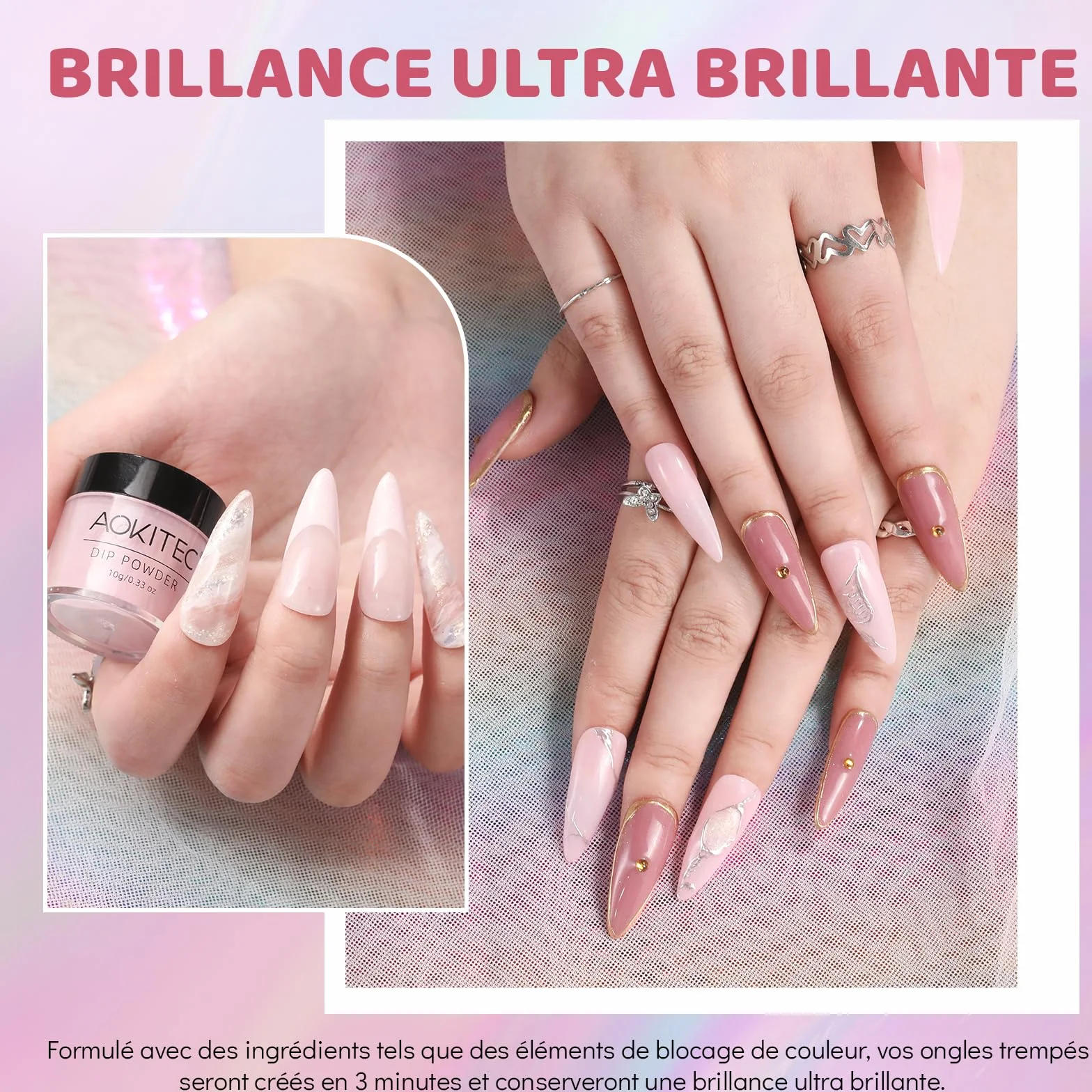 Poudre à tremper Aokitec 8 couleurs série rose pour nail art français, poudre à ongles facile à utiliser sans lampe