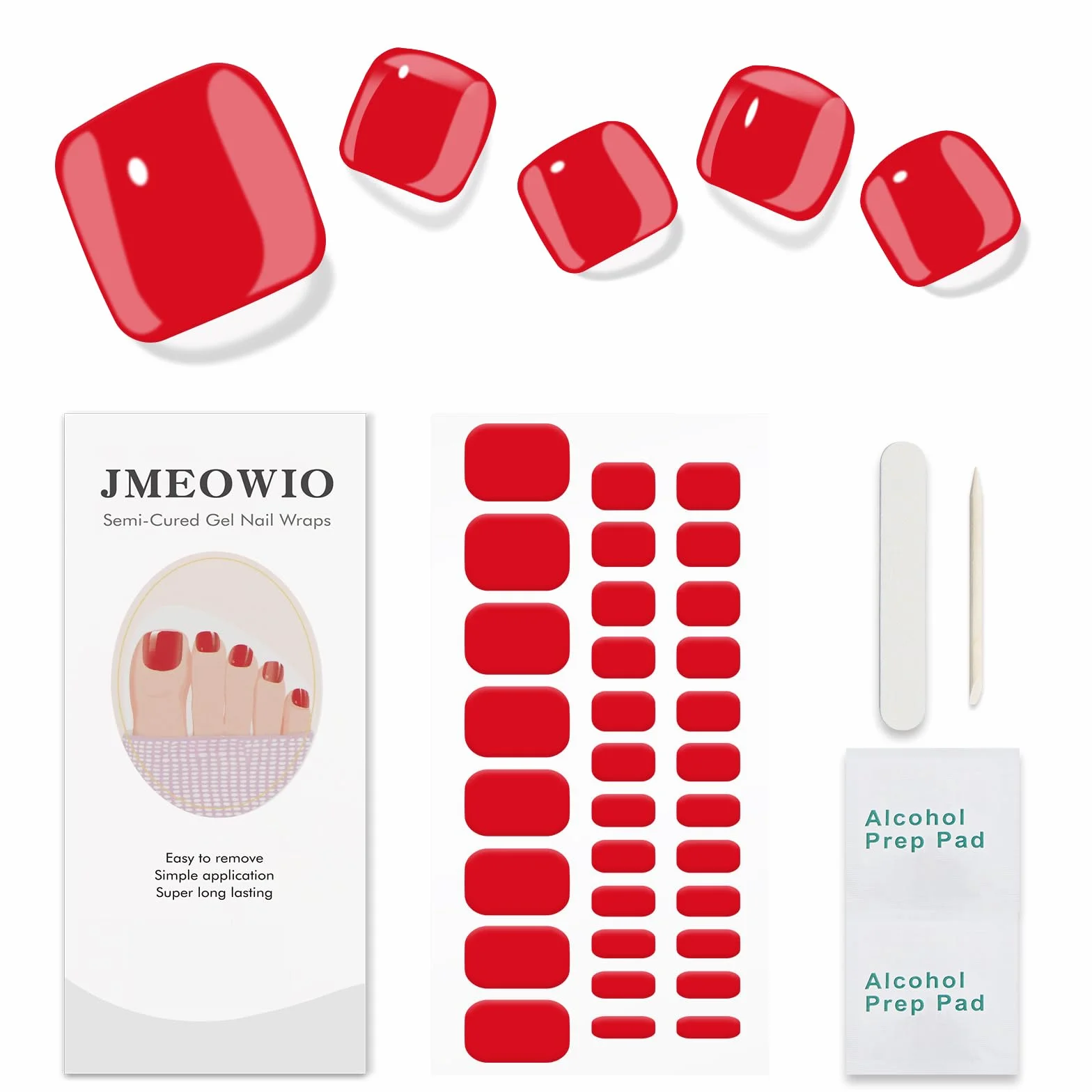 Gel Nail Stickers Orteil Rouge 32 Bandes Semi-durci UV Art Ongle Manucure