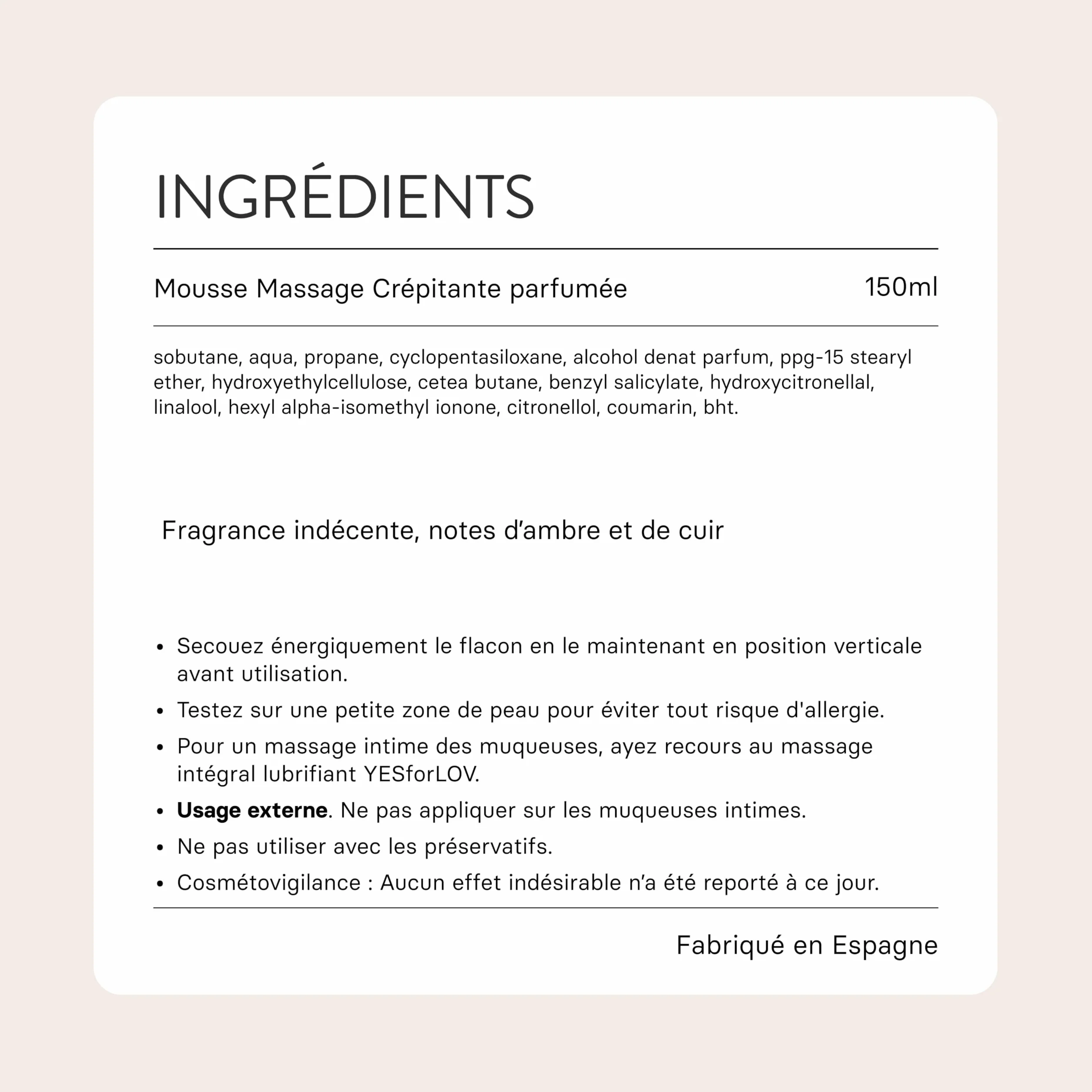 YESforLOV Mousse de Massage Crépitante Huile de Massage Effet Pétillant 150ml Fabriqué en France