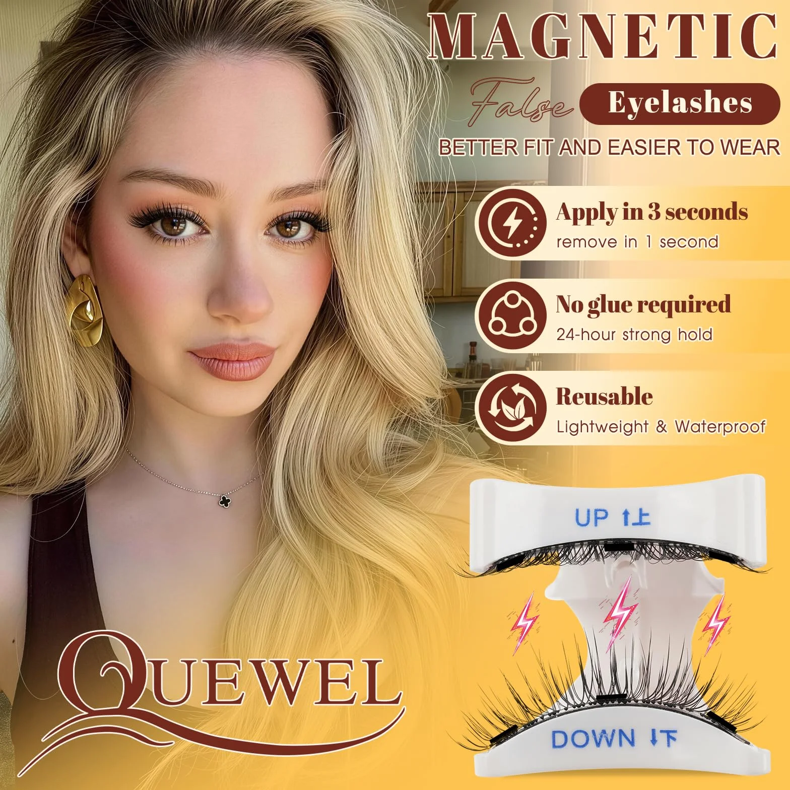 QUEWEL Faux Cils Magnetique Naturel Réutilisables avec Applicateur, Aucune Colle Nécessaire