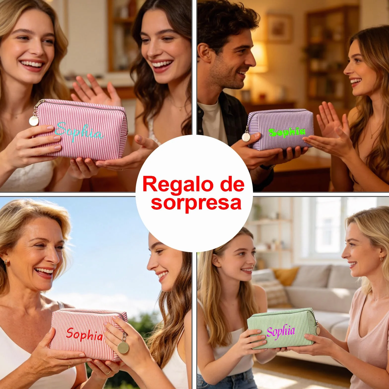 Trousse de Maquillage Personnalisée avec Nom, Sac Cosmétique en Tissu à Rayures, Grande Capacité, Multicolore, Cadeau pour Femme (Rouge)