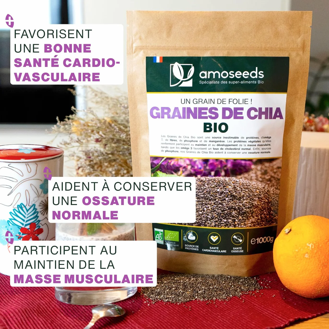 Graines de Chia Bio 1KG Salvia Hispanica Protéines Oméga 3 Fibres