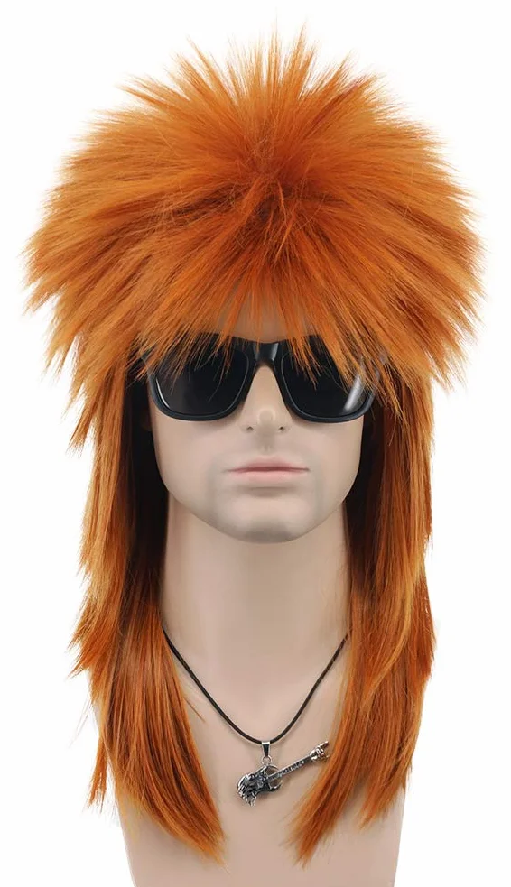 VGbeaty Perruque Mulet Longue Orange Raide Pour Hommes et Femmes Perruque | Années 70 80 Diva Rock Punk Pour Carnaval Halloween Cosplay Déguisement Party