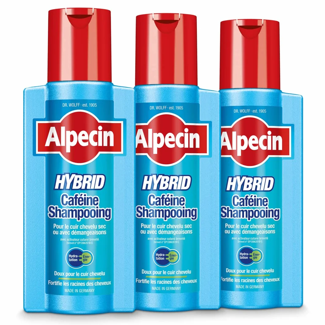 Alpecin Shampooing Hybride à la Caféine 3x250ml | Antipelliculaire | Contre les cheveux secs | Shampooing Homme | Traitement anti-calvitie