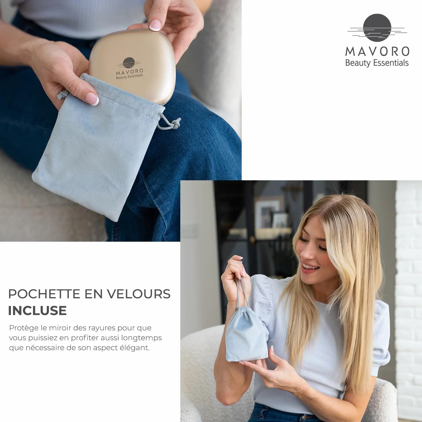 Miroir de Maquillage de Voyage Éclairé LED Rechargeable 1X/10X Lumière Diurne Capteur Tactile USB Or Champagne