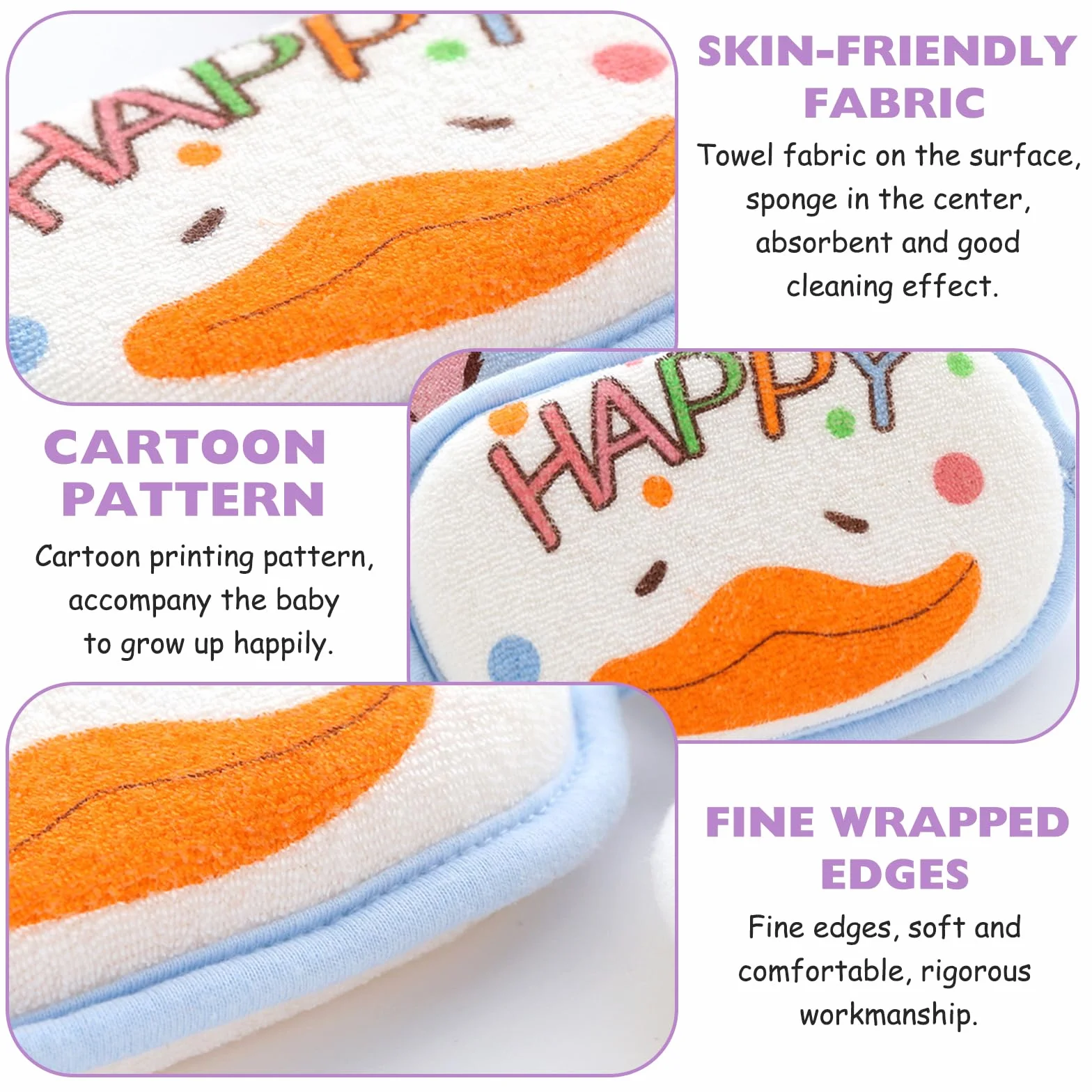 Éponges de Bain pour Bébés 4 Pièces, Naturelles, Trois Couches de Protection