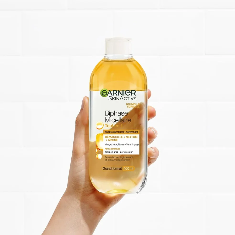 GARNIER Skin Active Biphase Micellaire 400 ml Nettoyant Démaquillant Visage Yeux Lèvres
