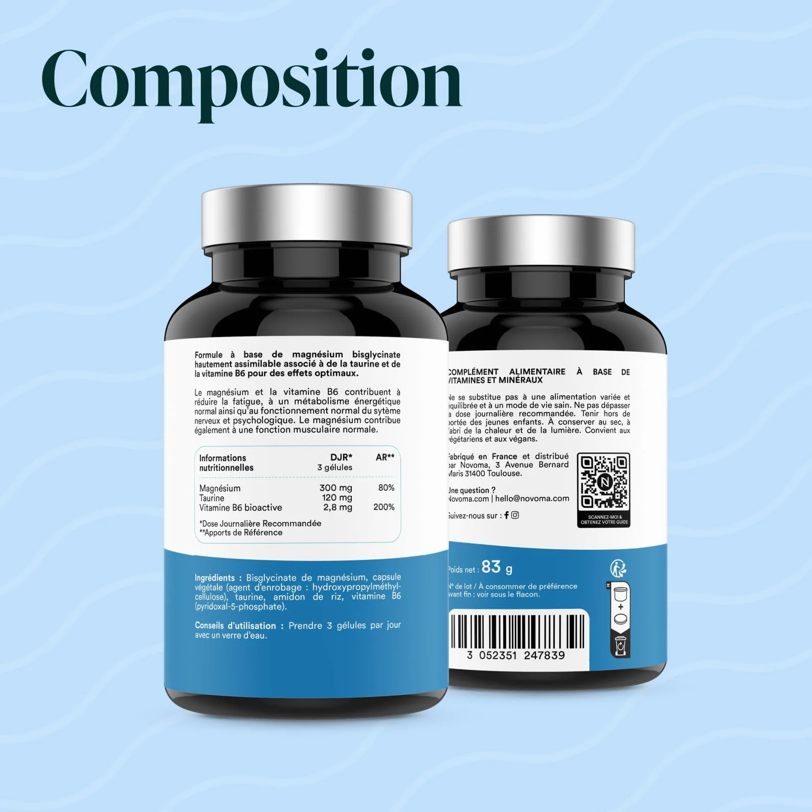 NOVOMA Magnésium Bisglycinate Taurine Vitamine B6 300mg 120 gélules Fatigue Stress Fabriqué en France
