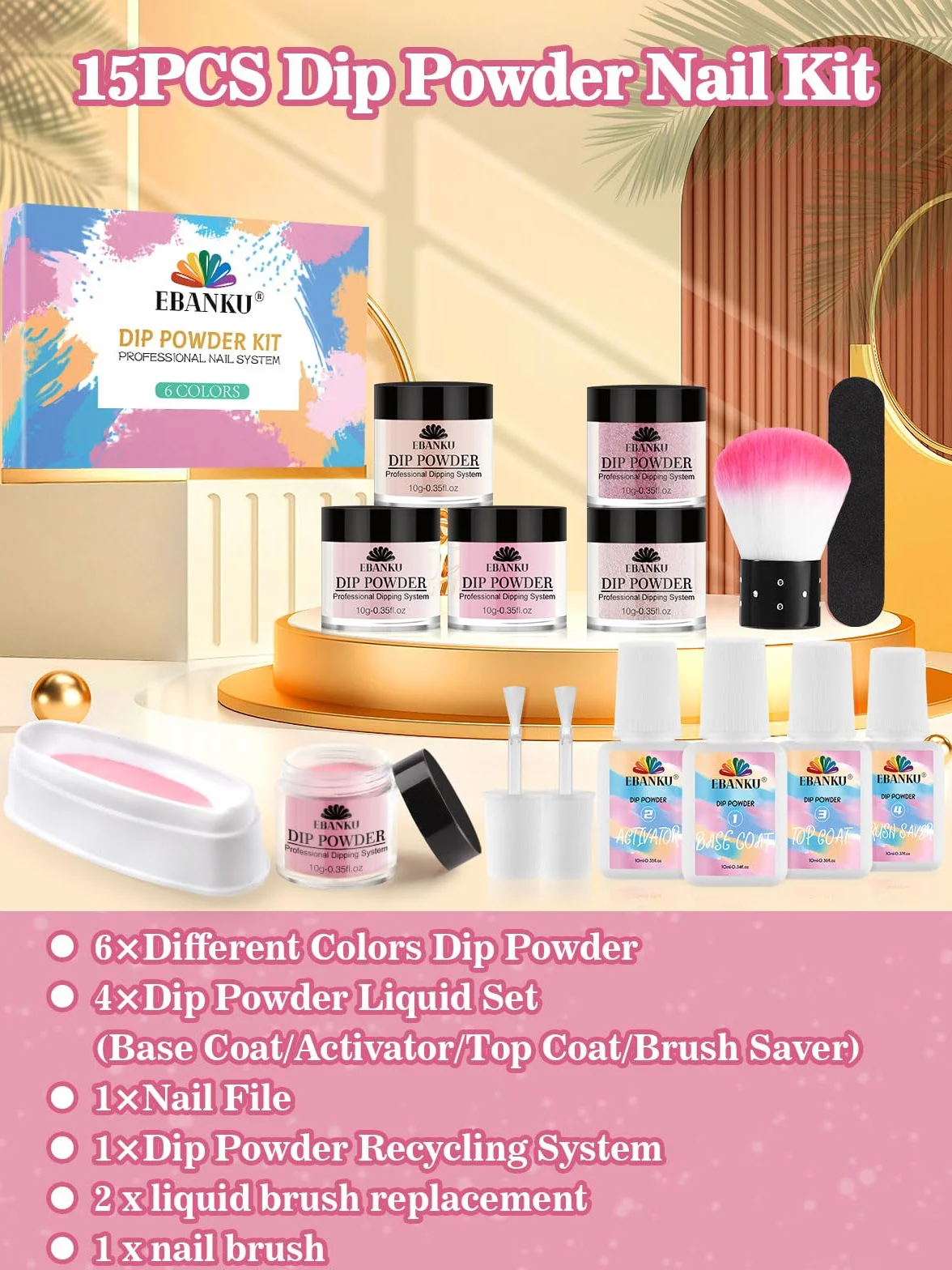 EBANKU Kit de Poudre Trempage pour Ongles 6 Couleurs Rose Chair Paillettes avec Base/Top Coat Activateur Manucure