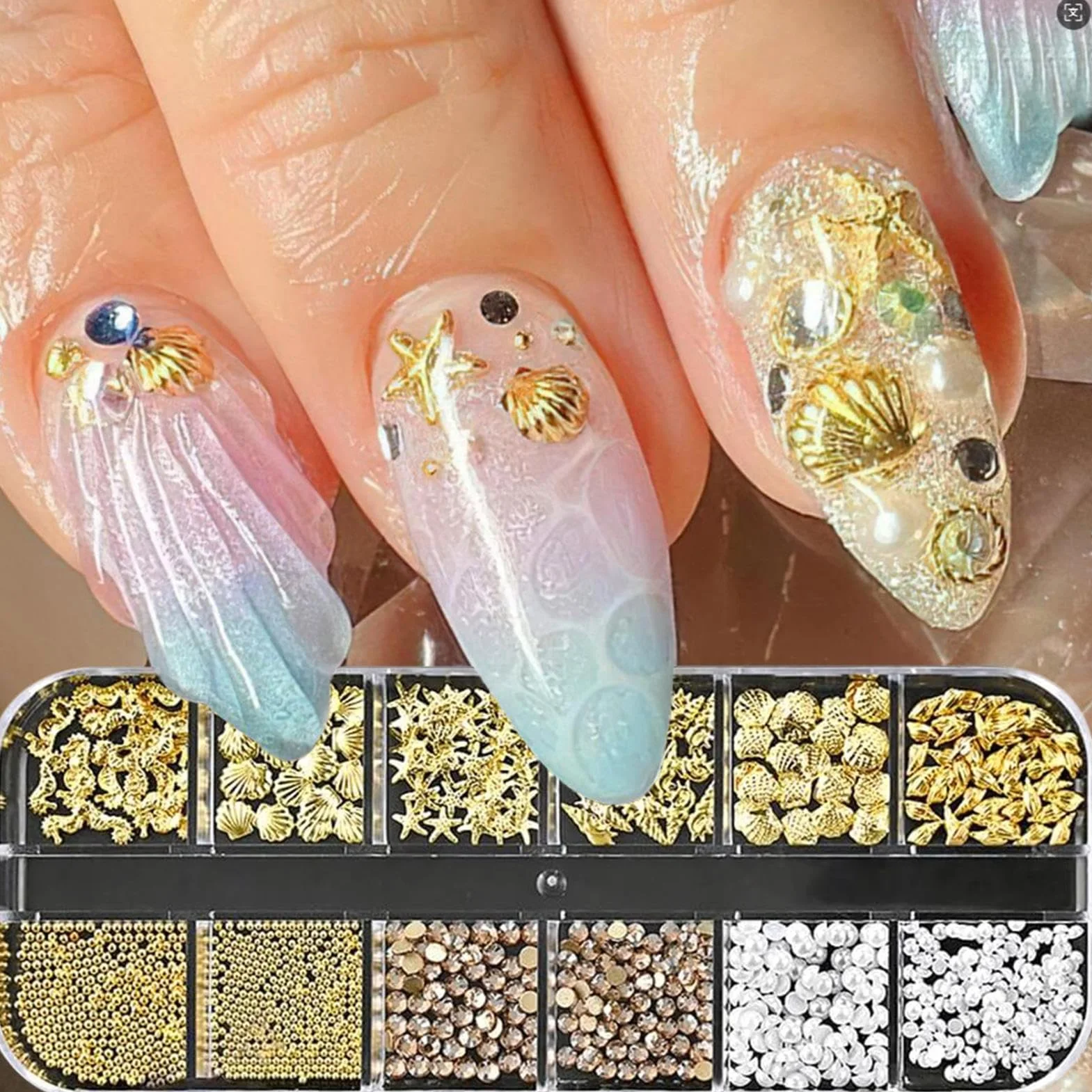 Kit de Manucure Strass Thème Mer, Charmes 3D Perles Coquilles Étoiles pour Ongles