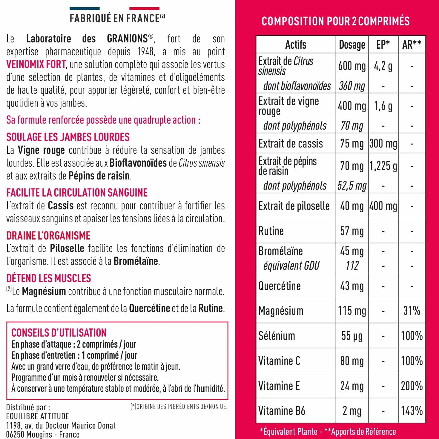 GRANIONS VEINOMIX FORT 30 comprimés Circulation Sanguine Jambes Lourdes Rétention d'Eau Vigne Rouge