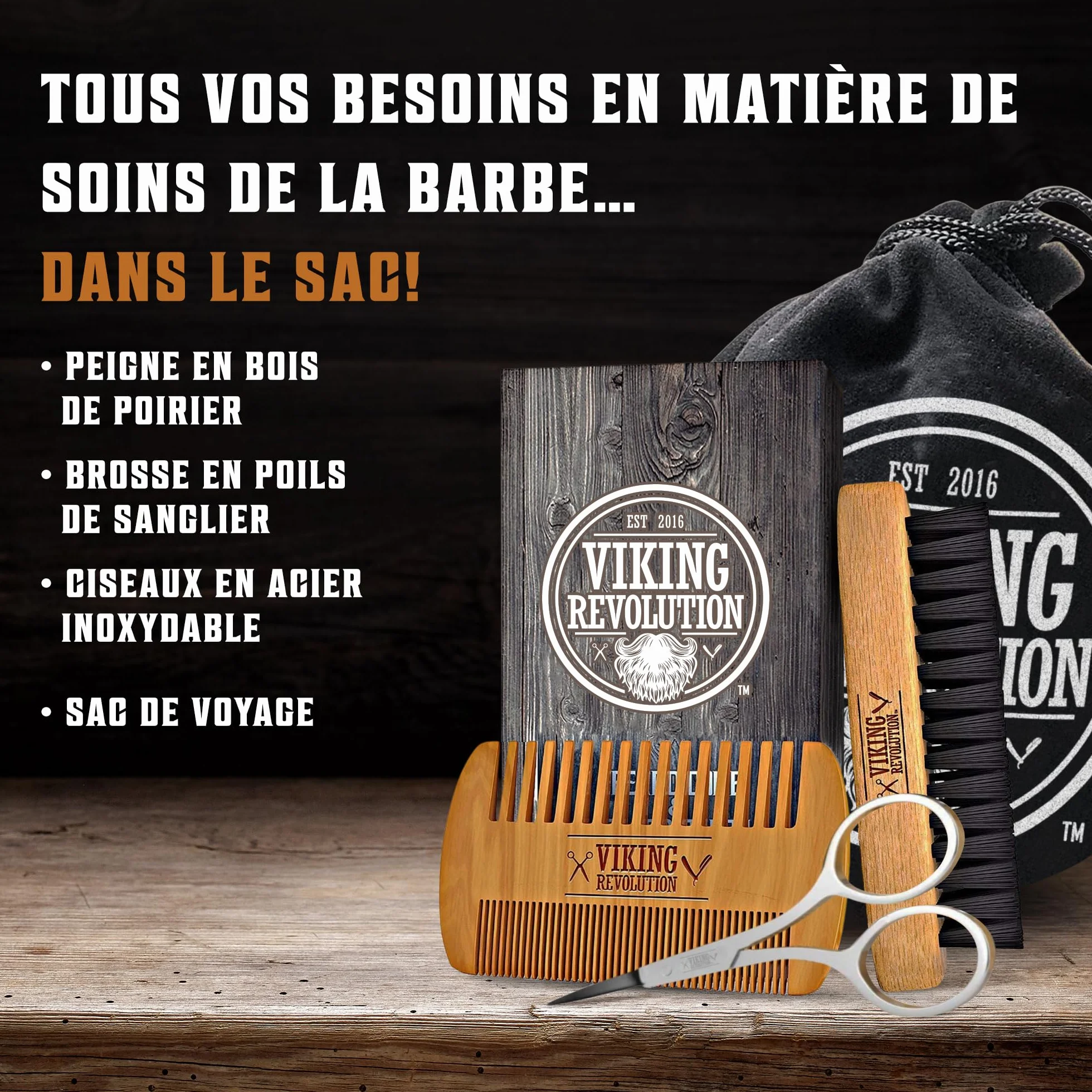 Brosse à Barbe Poil de Sanglier Naturel Peigne Bois Poirier Viking Revolution avec Pochette Voyage Velours