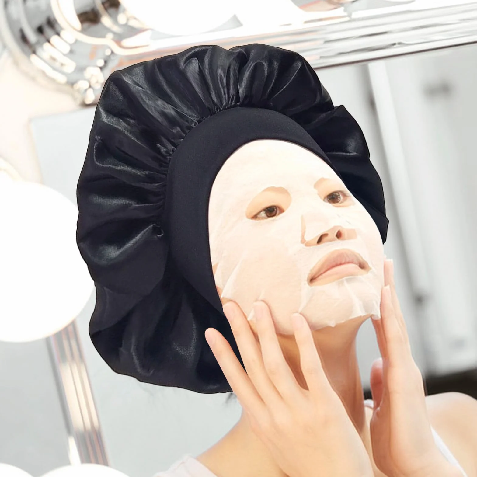 Lot de 2 Bonnets de Nuit en Soie - pour la Nuit - pour la Nuit - pour protéger Les Cheveux - Bonnet de Sommeil en Satin - Bonnet de Sommeil pour Dormir - Noir