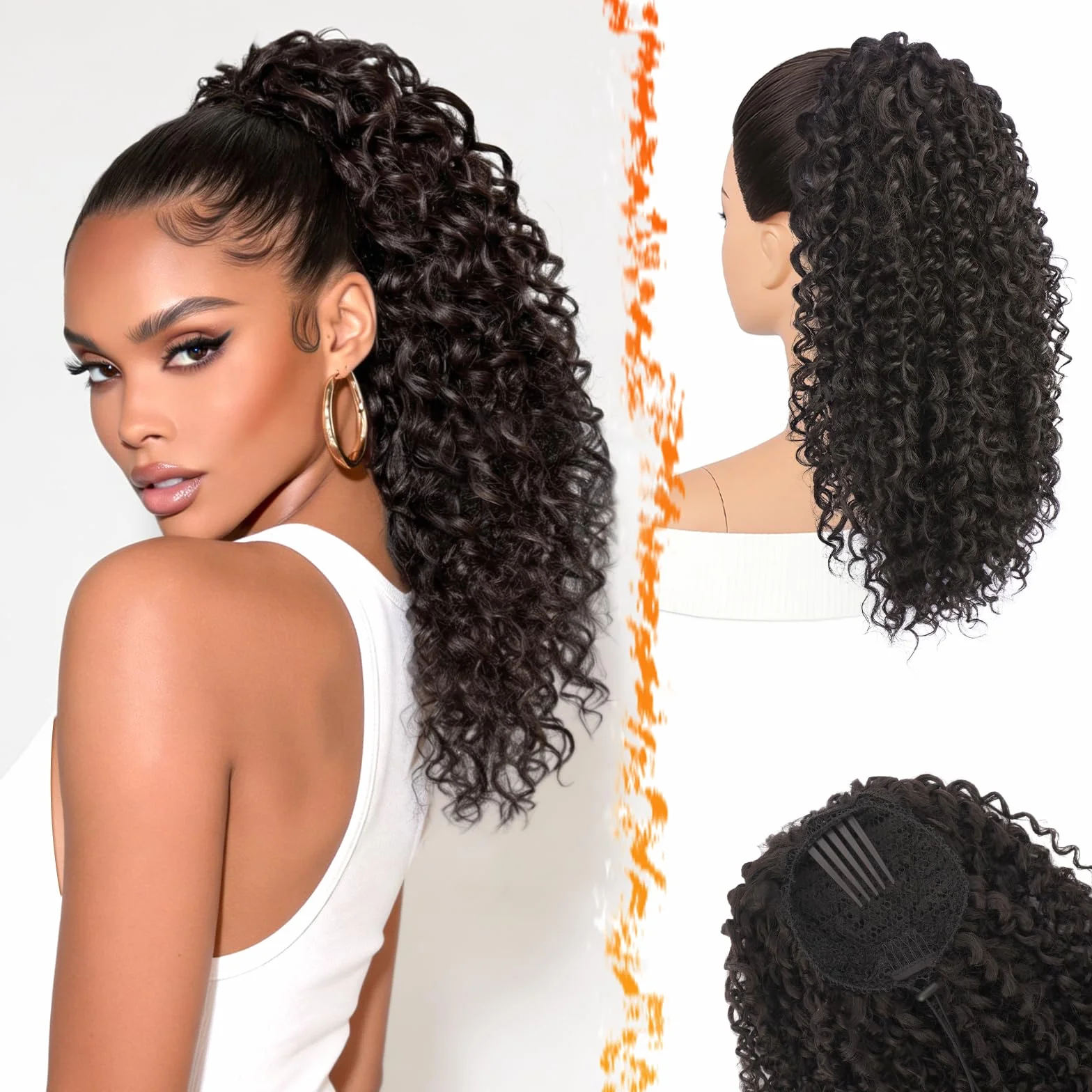 BARSDAR Marron Foncé Queue de Cheval Extension, Bouclée Queue de Cheval avec Cordon Pure Protein Fibre 45cm Bohemian Ondulée Bouclée Peigne Clip in Ponytail Postiche D'aspect Naturel Doux Léger Fêtes