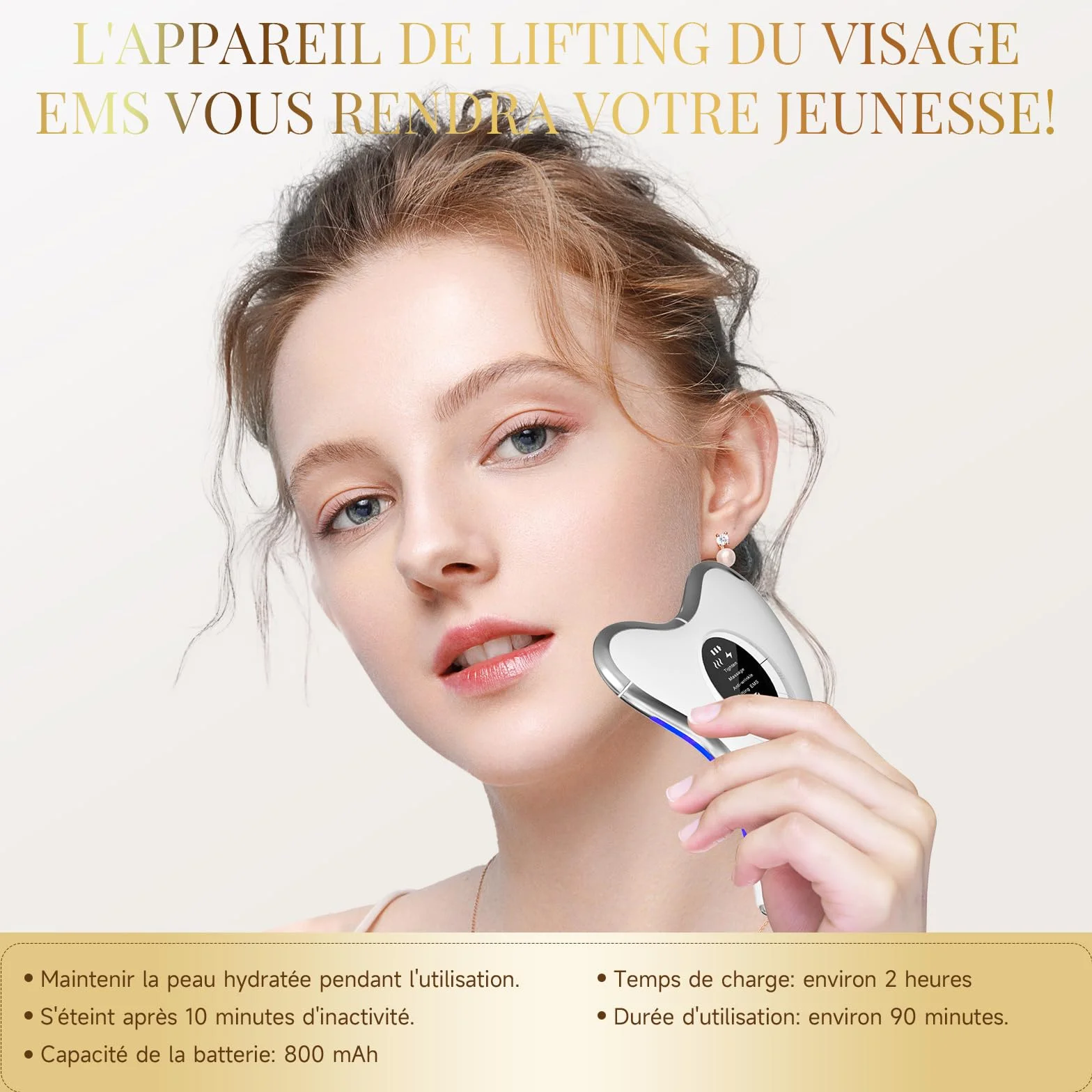 Profey Gua Sha EMS - Appareil de Massage Visage avec Chaleur 45℃, Vibration, Lifting EMS 9 Niveaux, 4 Modes, LED Bleu/Jaune/Rouge - Anti-Vieillissement et Anti-Rides