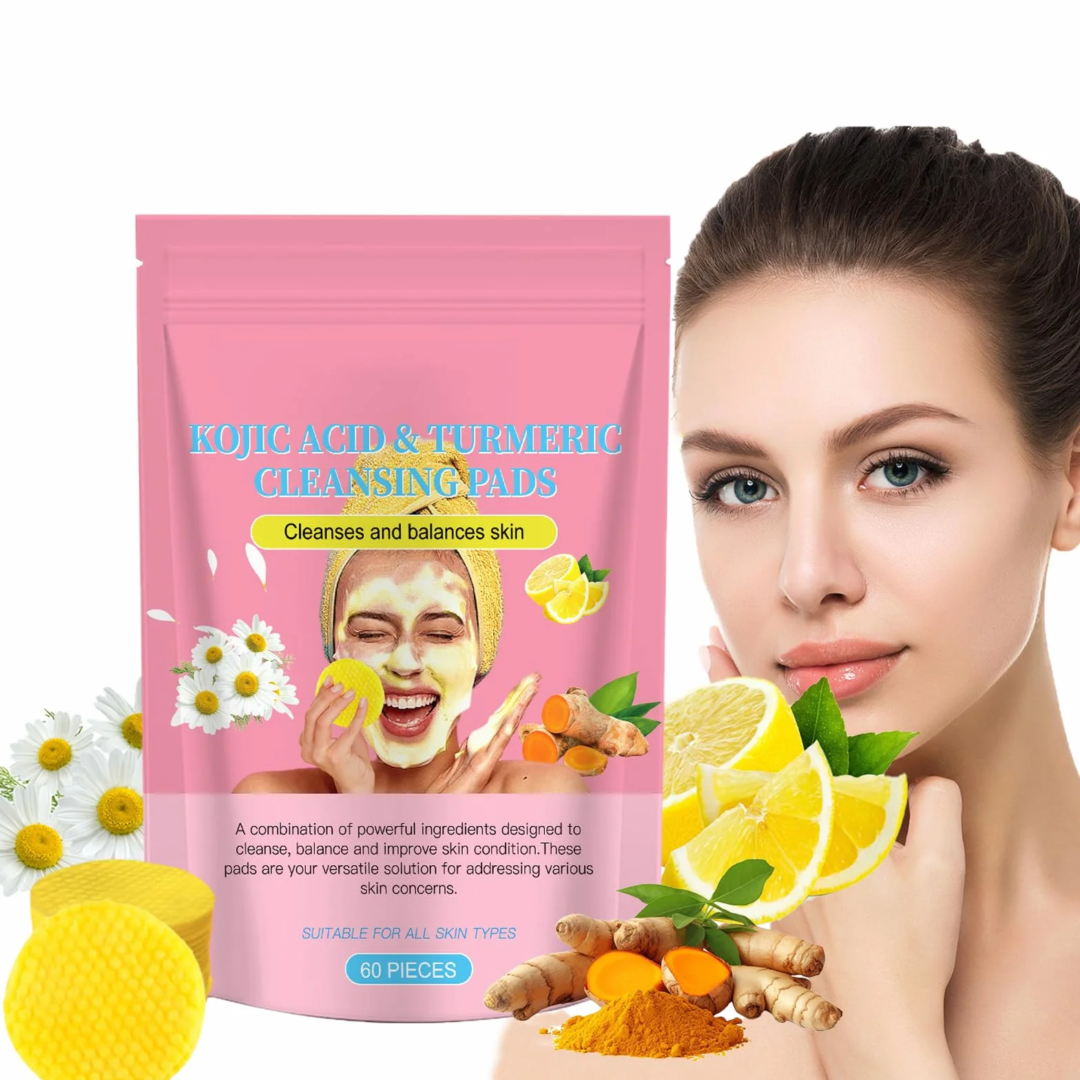 Tampons Nettoyants au Curcuma pour Le Visage,Kojic Acid Pads,Turmeric Kojic Acid Pads,Curcuma Kojic Acid Cleansing Pad,Curcuma Exfoliants Pad,Curcuma Éponge Nettoyante Pour Visage,60 Pièces