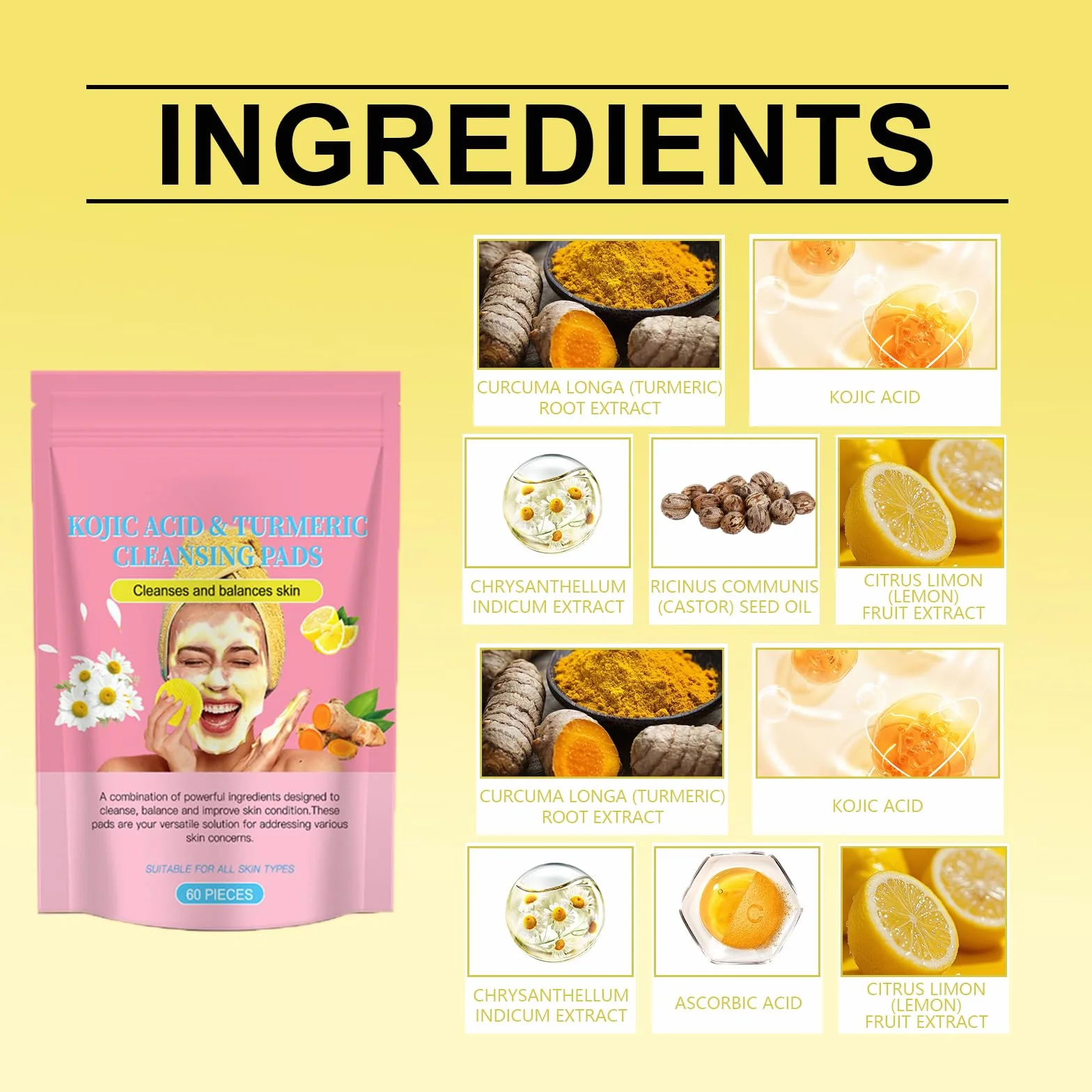 Tampons Nettoyants au Curcuma pour Le Visage,Kojic Acid Pads,Turmeric Kojic Acid Pads,Curcuma Kojic Acid Cleansing Pad,Curcuma Exfoliants Pad,Curcuma Éponge Nettoyante Pour Visage,60 Pièces