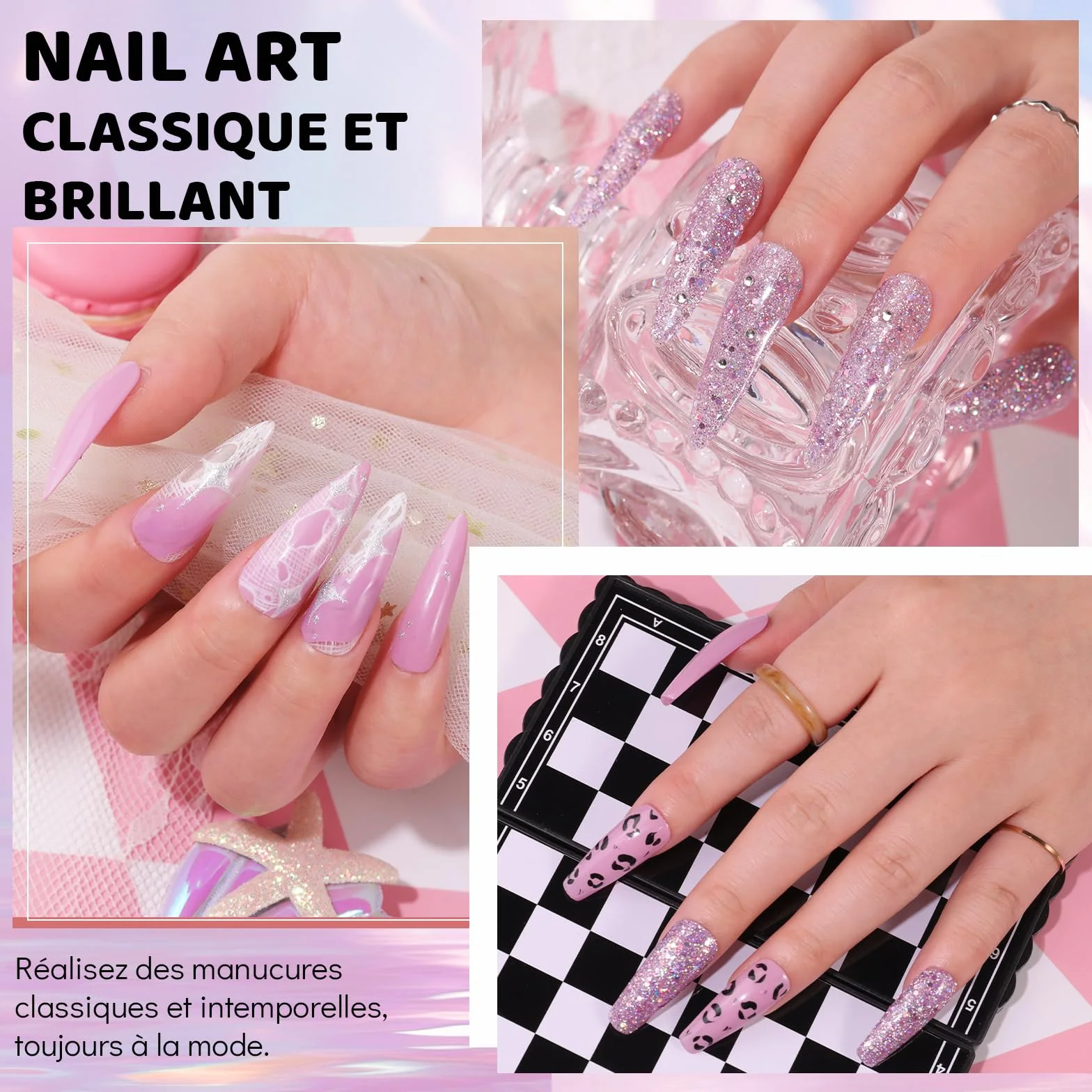 Aokitec Kit de poudre pour ongles en trempage Collection Fêtes violette pailletée liquide trempage pinceau poussière nail art DIY