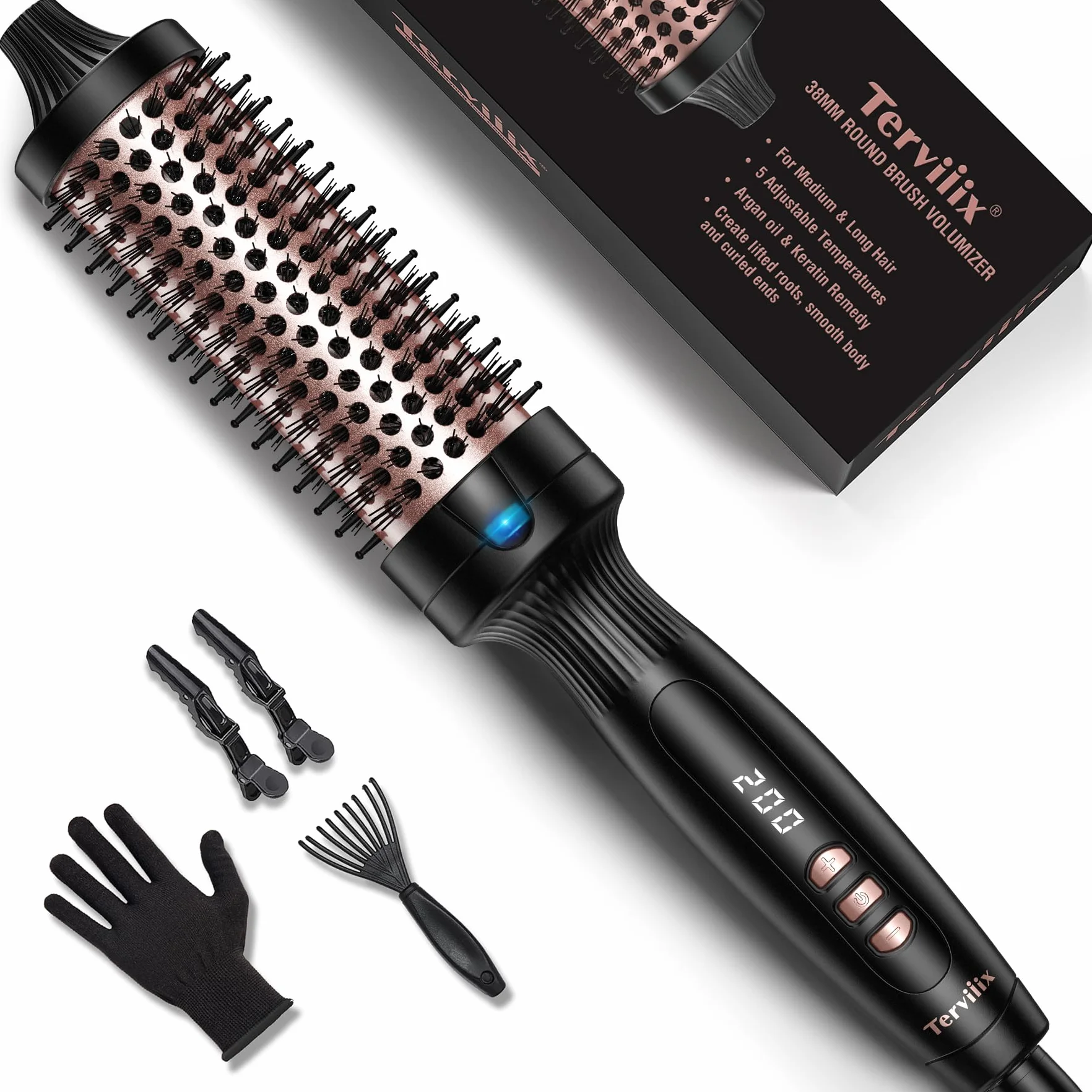 Terviiix Fer à boucler à brosse thermique, 38MM Thermal Brush, Tourmaline céramique ionique, double MCH, affichage digital 5 températures, double voltage