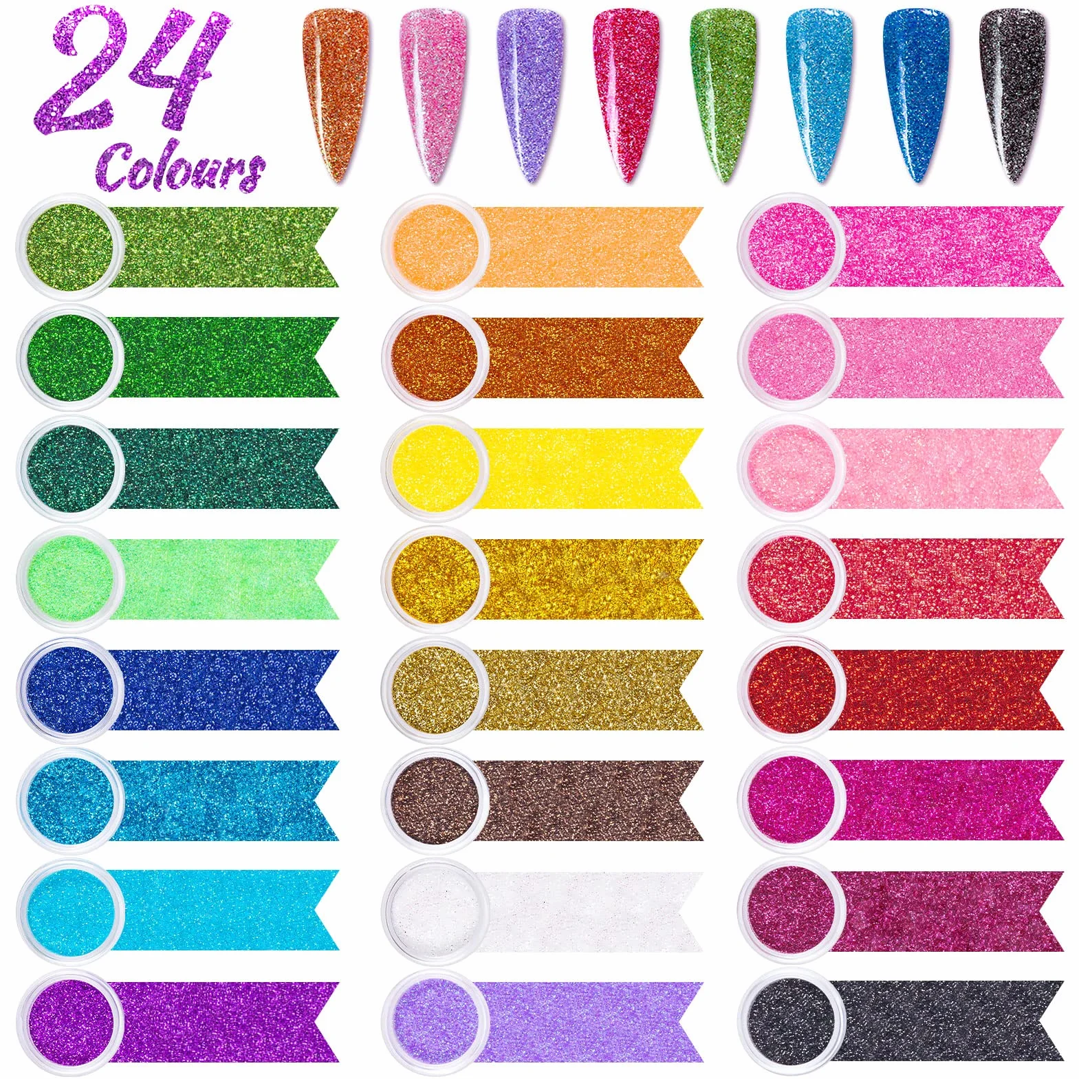 Poudre Ongles Nail Art Paillettes 24 Pièces avec Pinceaux et Pousse Cuticule